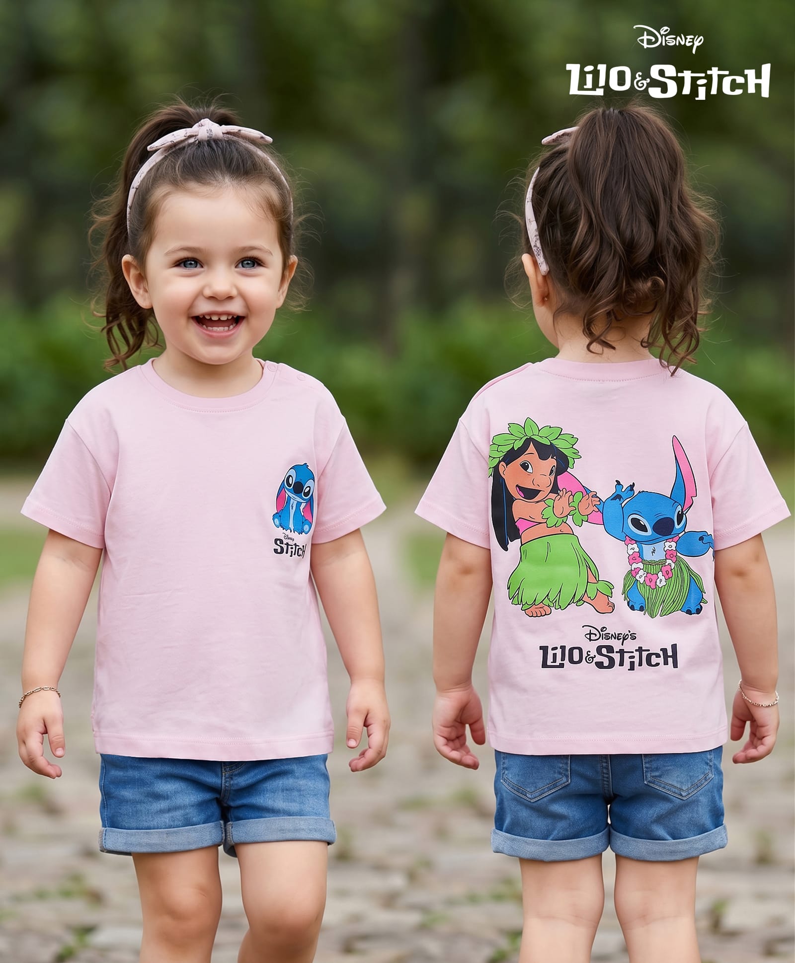 Bonfino Disney Single Jersey Knit Half Sleeves T-Shirt With Lilo N Stitch Front & Back Graphics - Light Pink-image-19