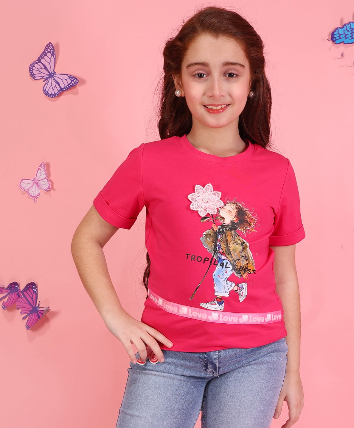 Cutecumber Knit Half Sleeves Girl Printed & Floral Applique Detailed Top - Fuchsia-picture-10