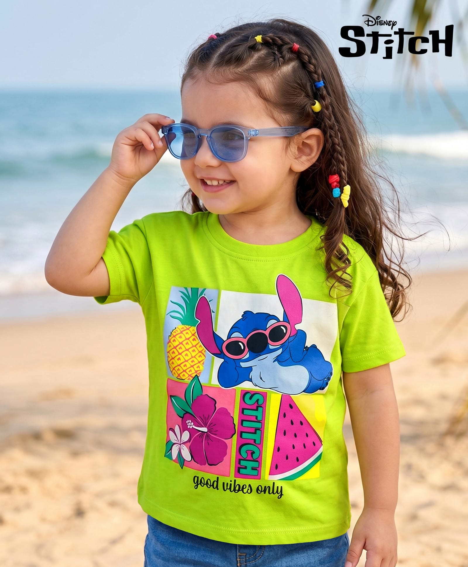 Bonfino Disney Cotton Knit T-Shirt with Stitch Graphic Half Sleeves Round Neck Neon Green 9-12 Months-image-49