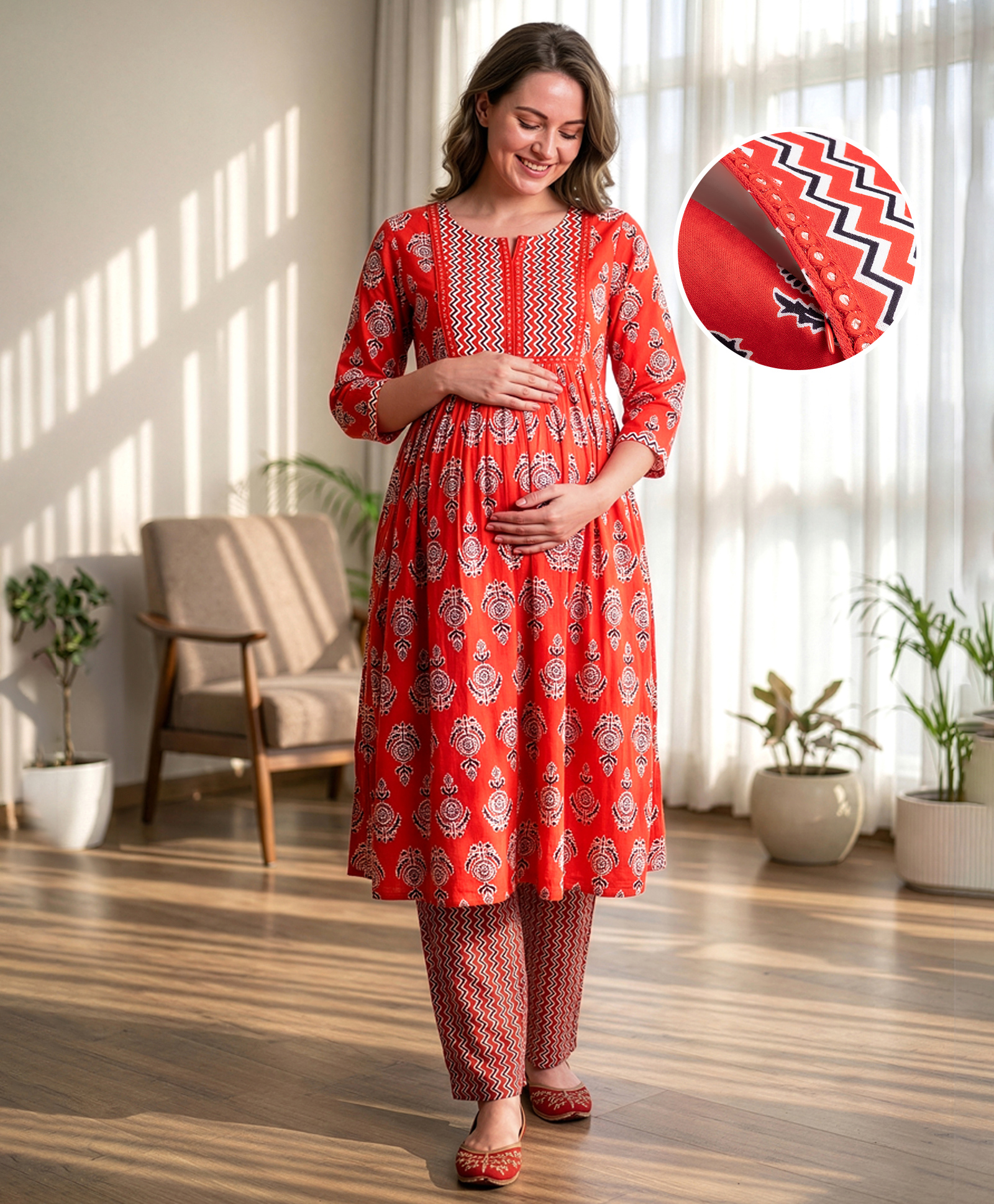 Bella Mama Woven Three Forth Sleeves Printed Maternity Suit Set - Red-image-31