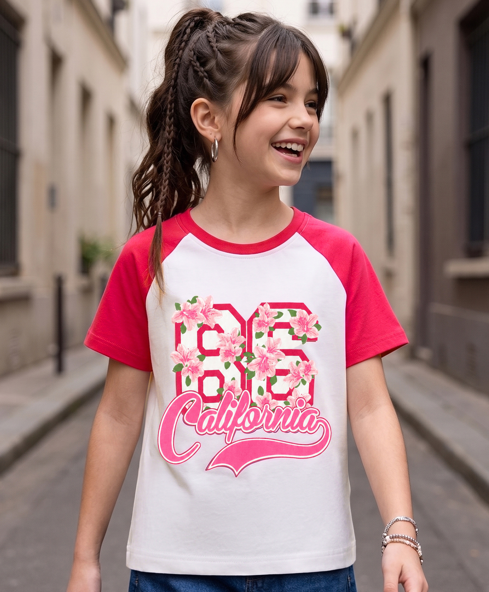 Pine Kids Cotton Knit Raglan Sleeves Oversized T-Shirt With Text & Floral Print - Multicolor-image-47
