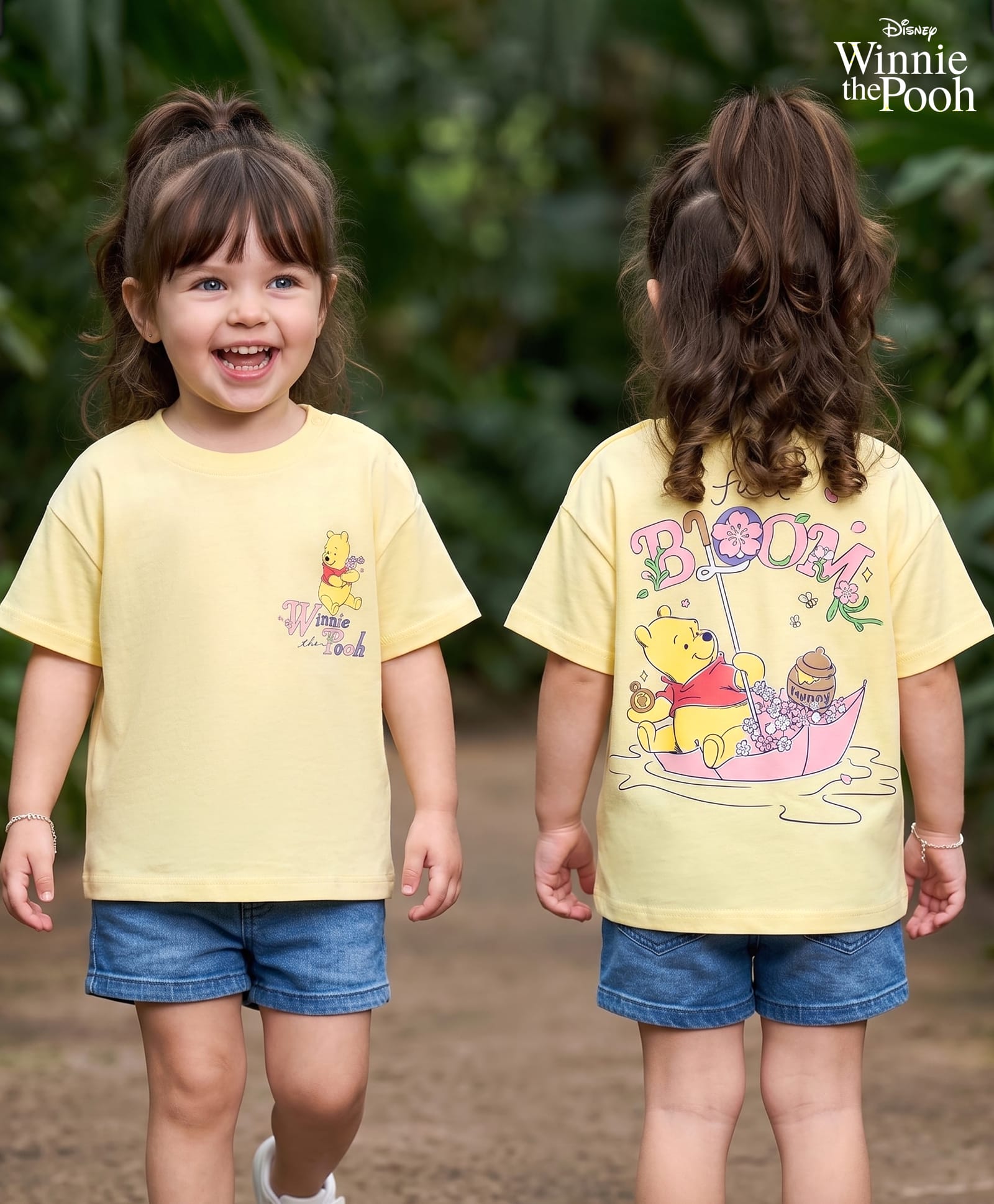 Bonfino Disney Single Jersey Knit Drop Shoulder Half Sleeves Oversized T-Shirt With Front & Back Winnie The Pooh Graphics - Yellow-image-15