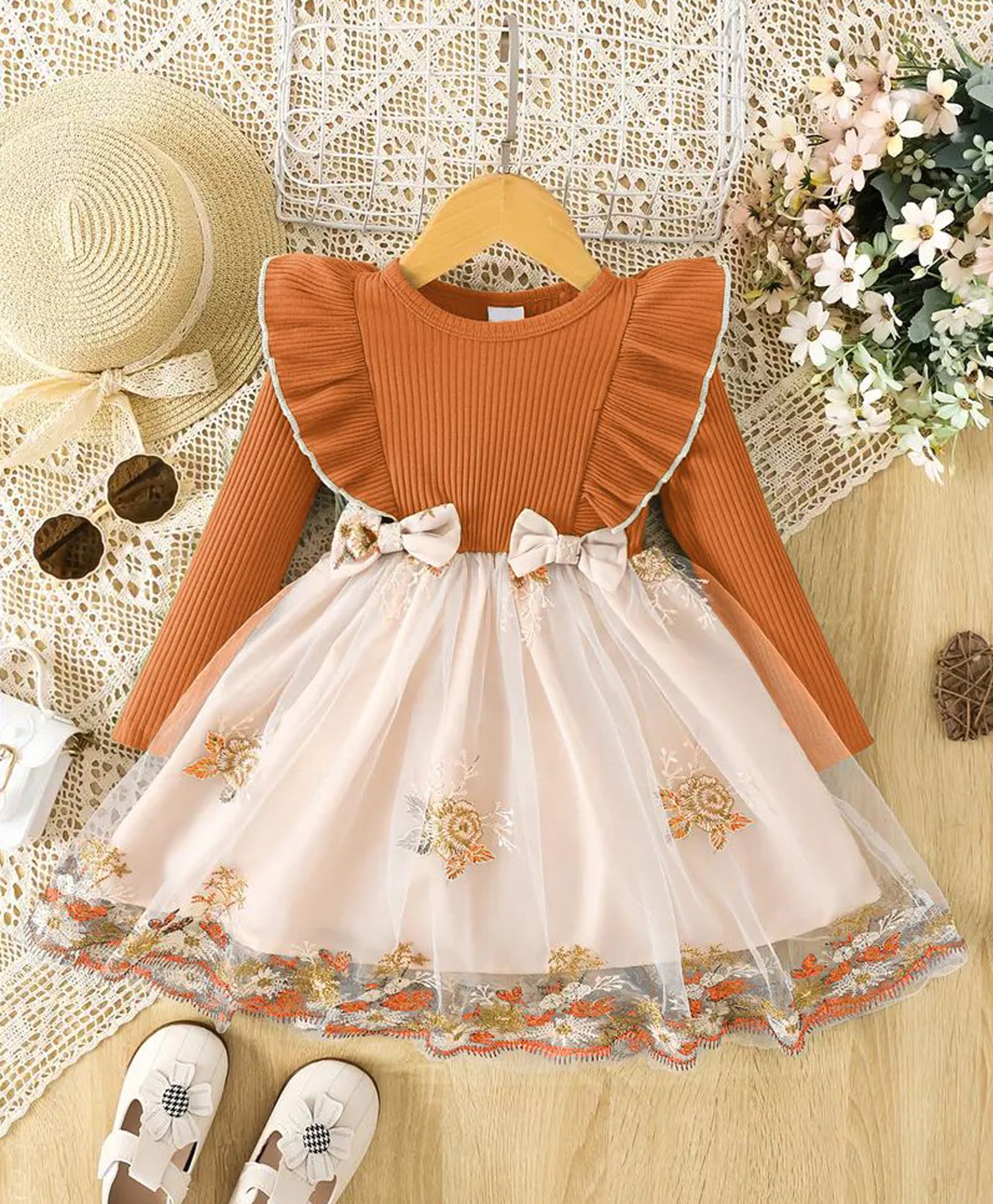 tior Woven Full Sleeves Floral Embroidered & Frill Detailed Dress - Orange-image-8