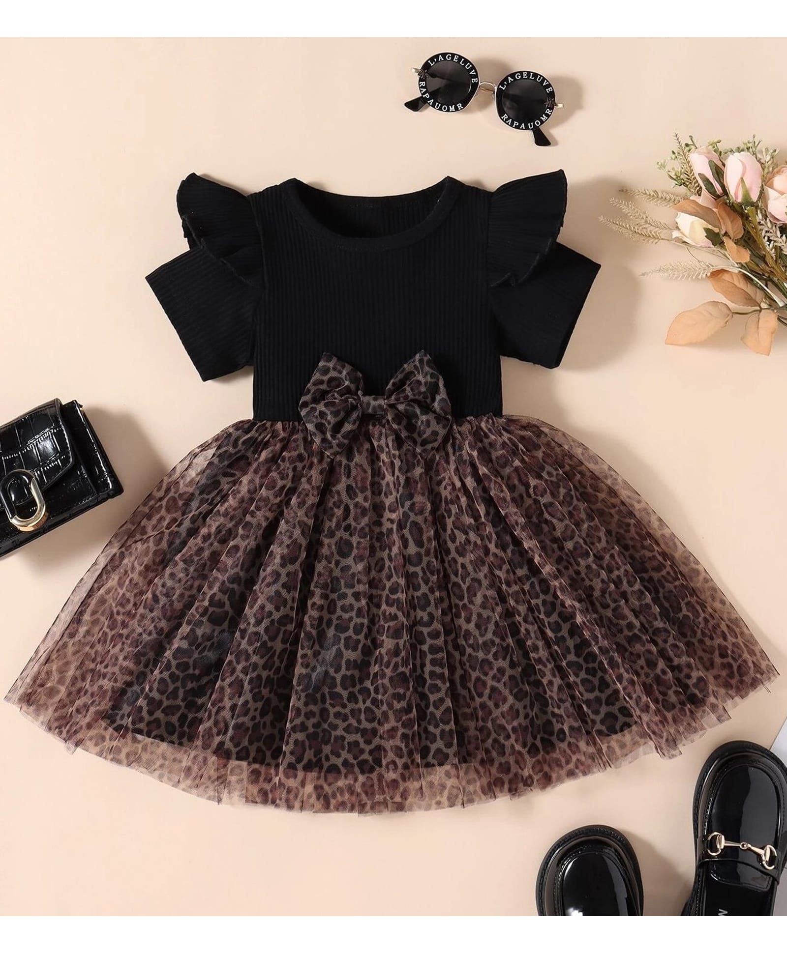 tior Mesh Woven Half Puffed Sleeves Frill & Bow Applique Detailed Leopard Pattern Printed Dress - Black-picture-20
