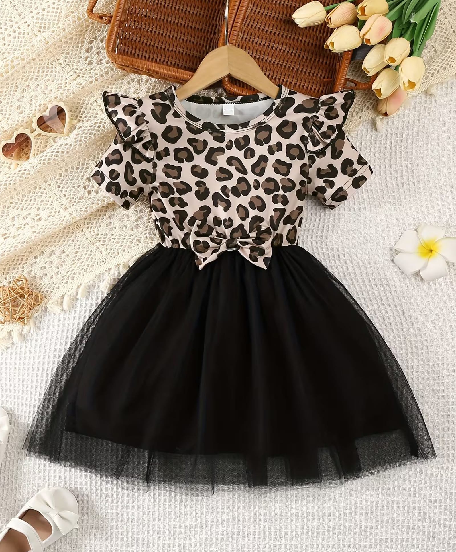 tior Mesh Woven Half Puffed Sleeves Frill & Bow Applique Detailed Leopard Pattern Printed Dress - Cream-image-16