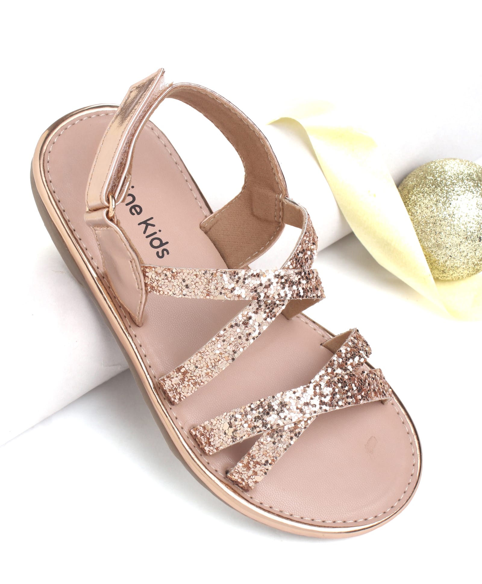 Pine Kids Shimmered Party Wear Sandals with Velcro Closure - Rose Gold-image-10