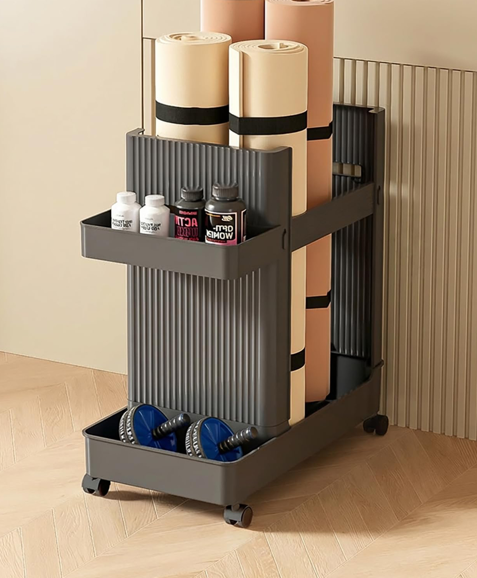 House of Quirk Yoga Mat Storage Basket with Wheels Gym Equipment Storage Rack & Trolley for Yoga Mats Dumbbells Kettlebells, Foam Rollers & Blocks - Black-image-9