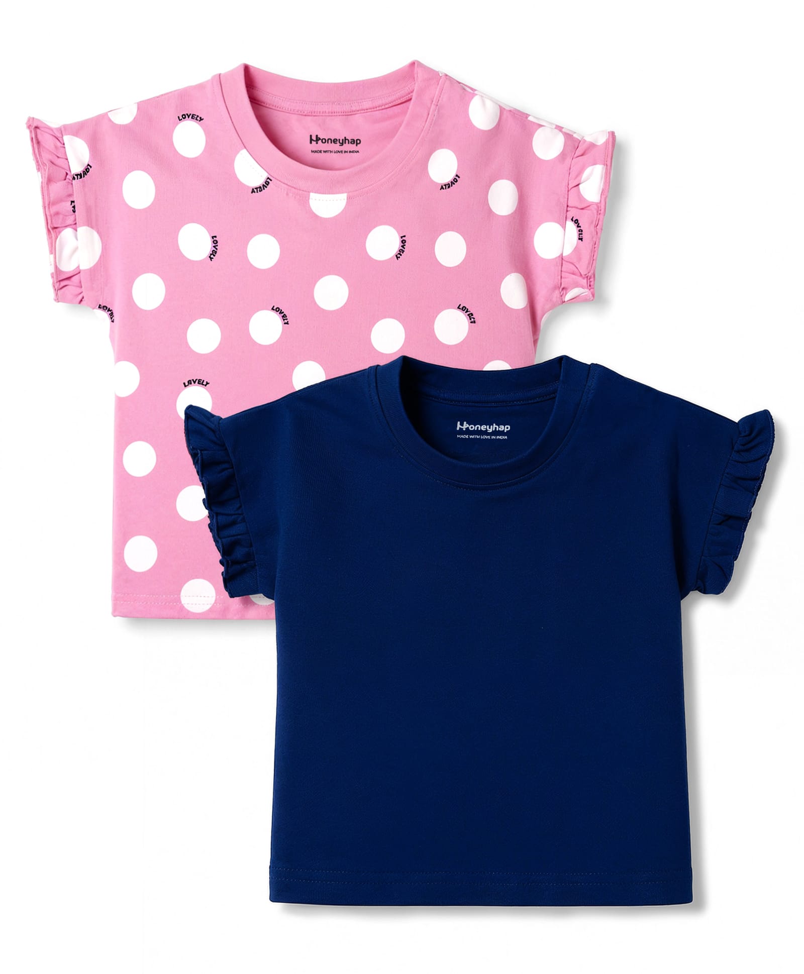 Honeyhap Premium Cotton Knit Frill Sleeves Polka Dot & Solid Colour Tops with Bio Finish Pack of 2 - Pink & Navy-picture-19