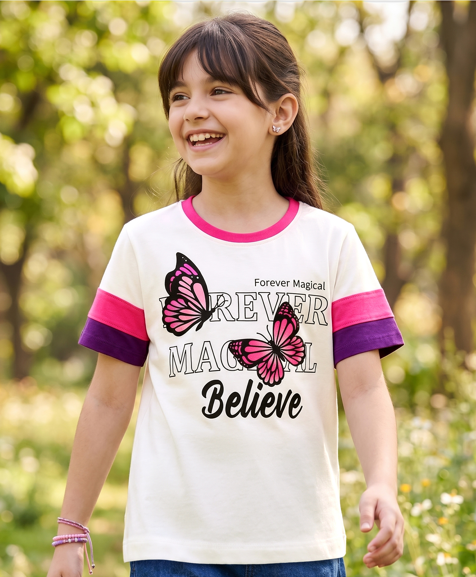 Pine Kids Cotton Knit T-Shirts with Butterfly Graphic Print Multi Color 6-7 Years-image-29