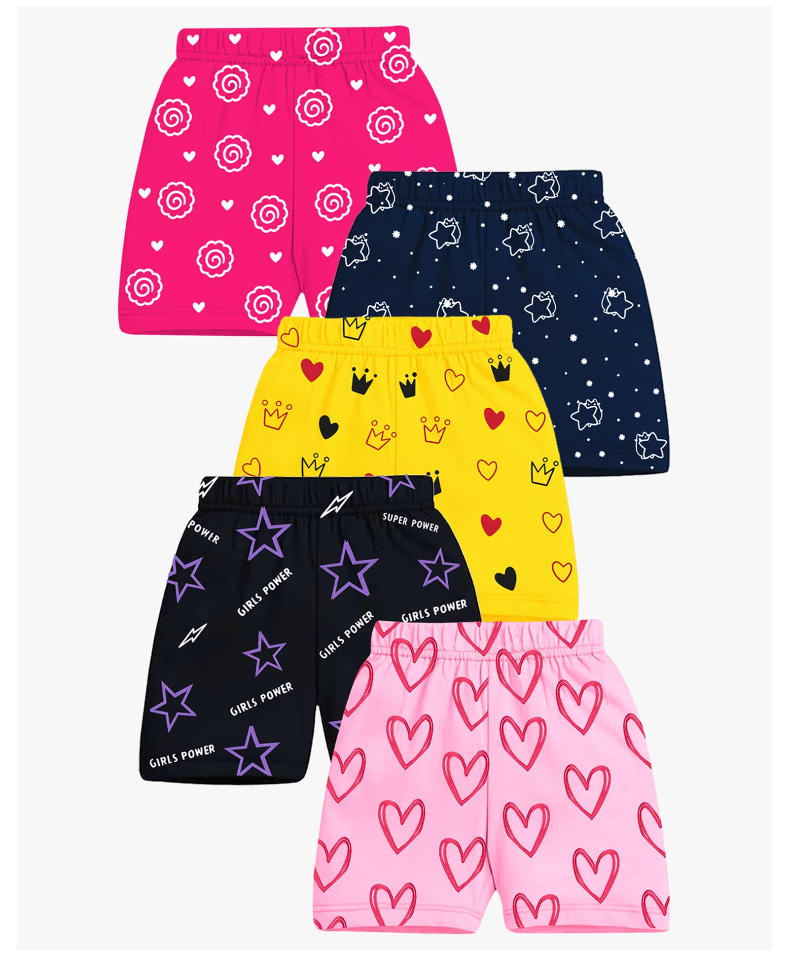 KUCHIPOO Cotton Blend Kniit Pack Of 5 Hearts & Stars Printed Shorts - Multi Colour-picture-16