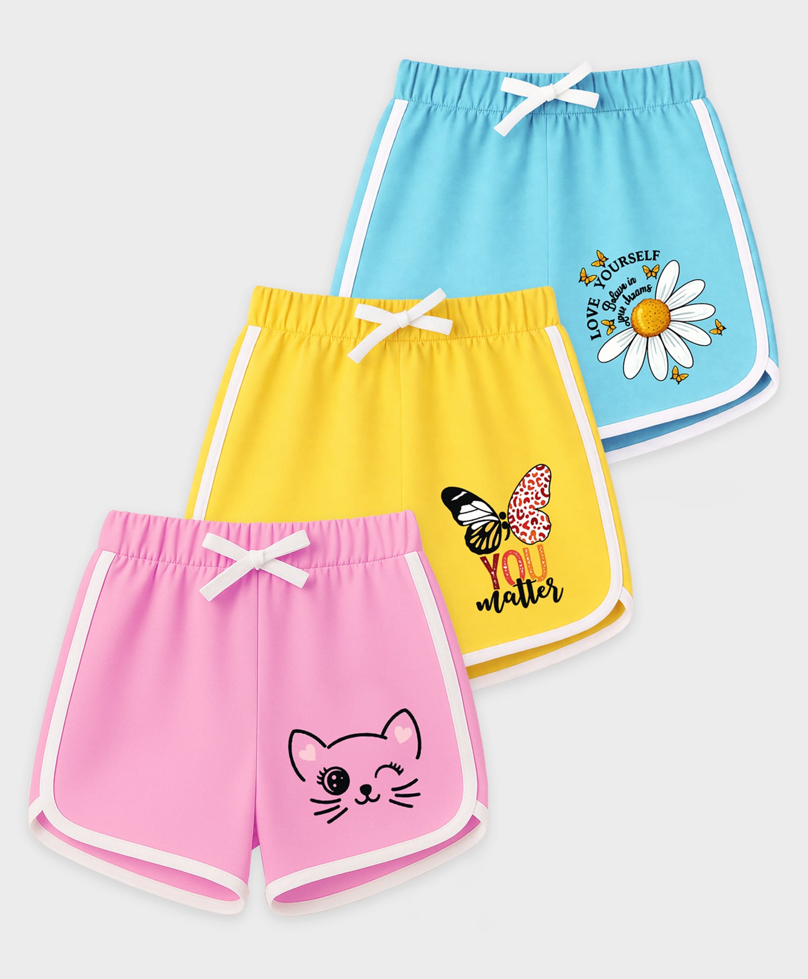 KUCHIPOO Cotton Blend Knit Pack Of 3 Butterfly & Cat Printed Shorts - Multi Colour-picture-23