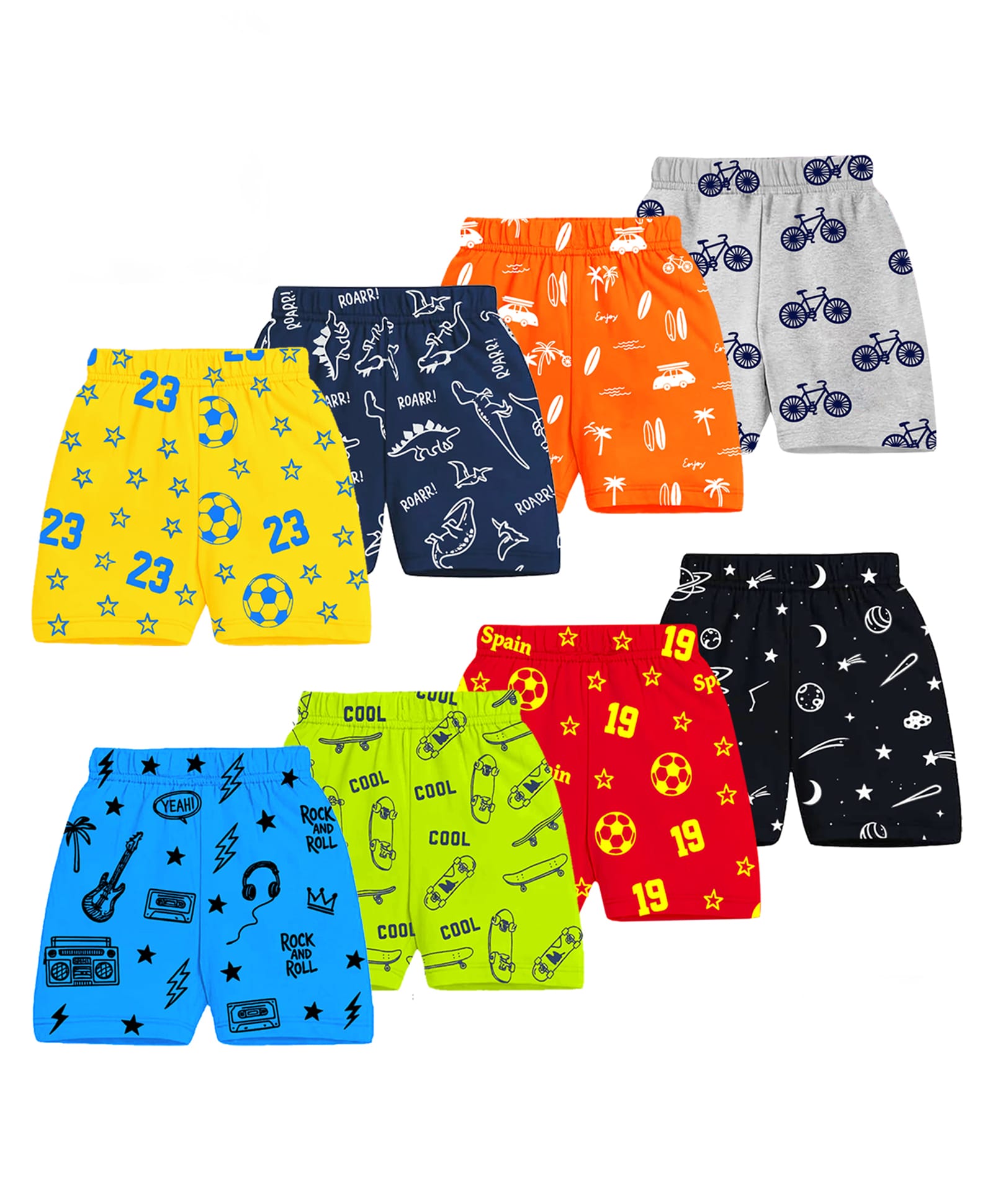 KUCHIPOO Cotton Blend Knit Pack Of 8 Football & Space Theme Printed Shorts - Multi Colour-picture-12