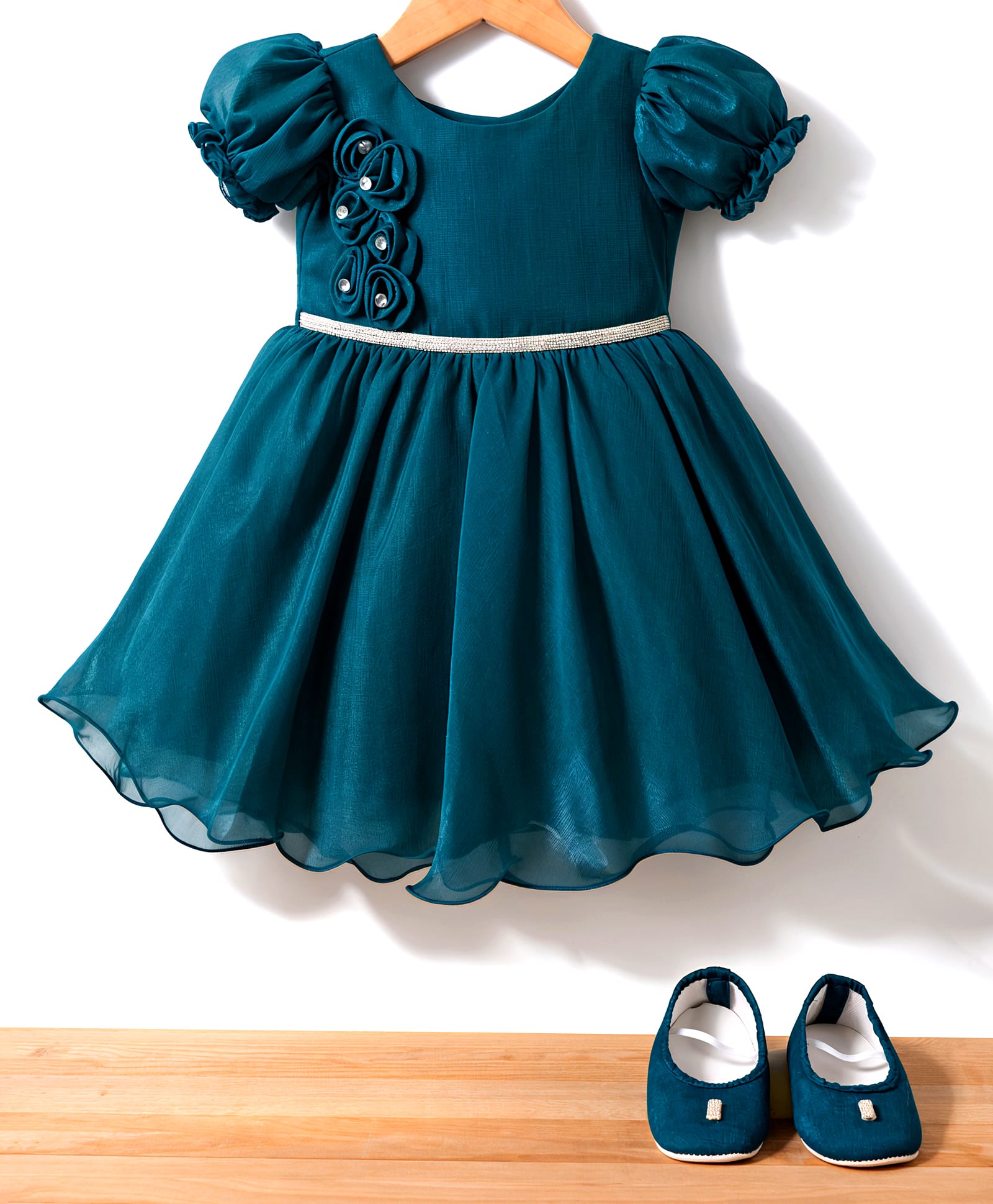 Blabber Half Puffed Sleeves Stone Embellished Floral Applique Detailed Knee Length Dress With Booties - Teal Blue-image-34