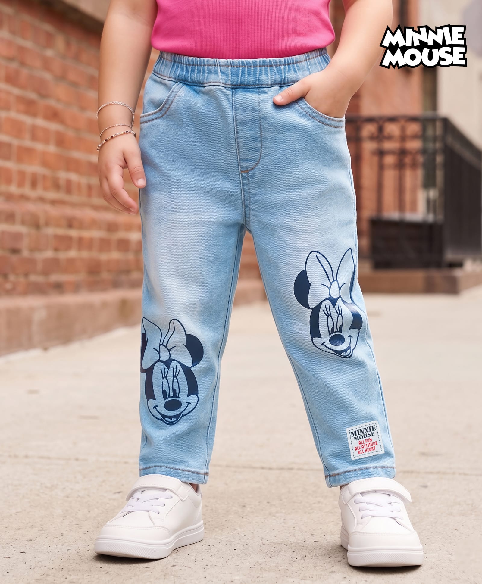 Babyhug Disney Denim Full Length Jeans With Minnie Mouse Graphics - Blue-picture-19