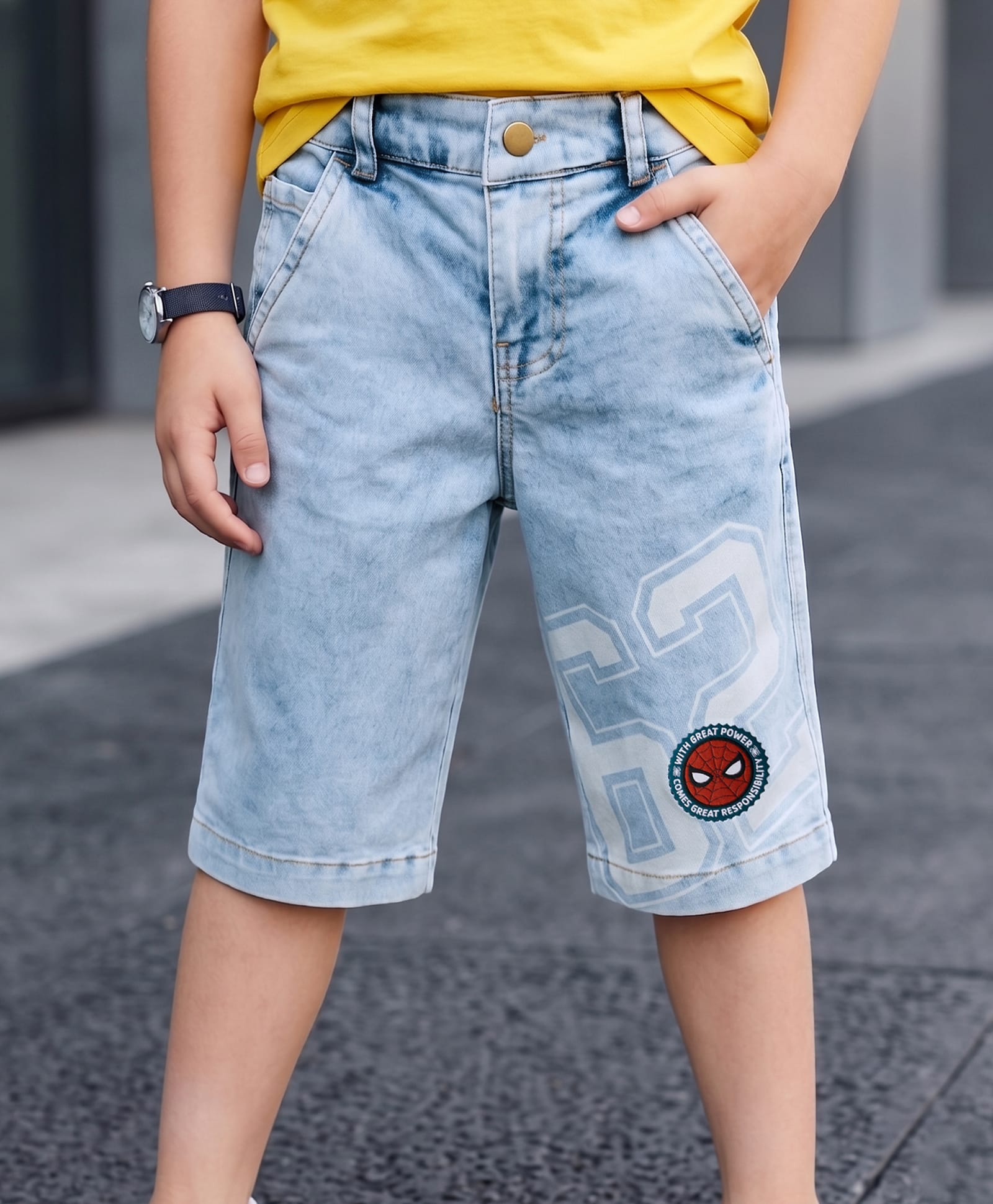 Pine Kids Marvel Above Knee Length Denim Shorts with Spider-Man Graphics - Blue-picture-11
