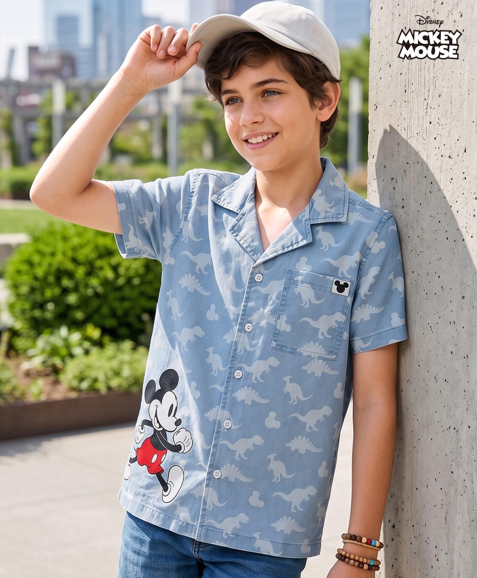 Pine Kids Disney Denim Woven Half Sleeves Shirt With MIckey Mouse Graphics & Dino Print - Blue-picture-13