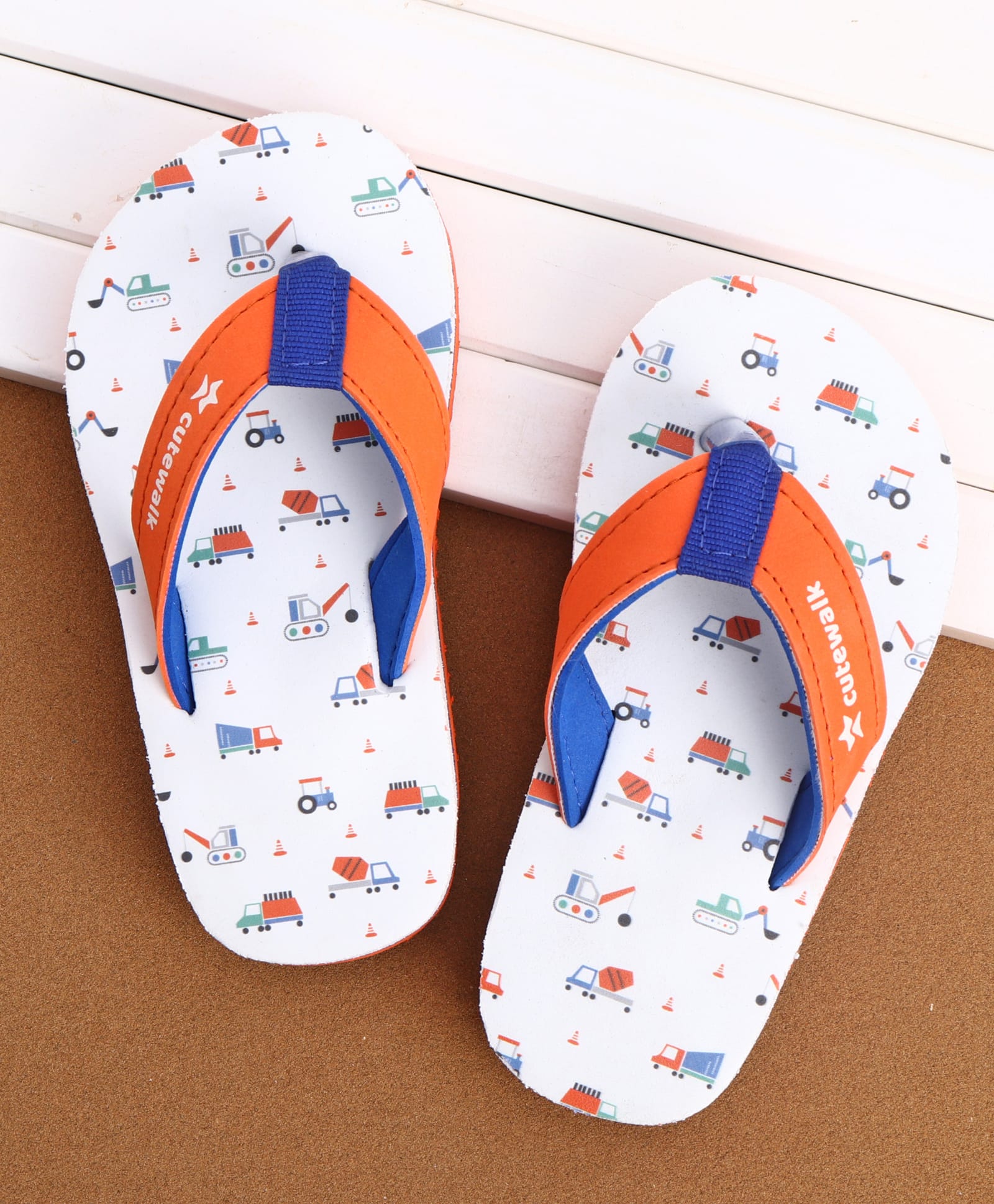 Cute Walk by Babyhug Slip On Construction Vehicles Printed Flip Flops - White-image-42