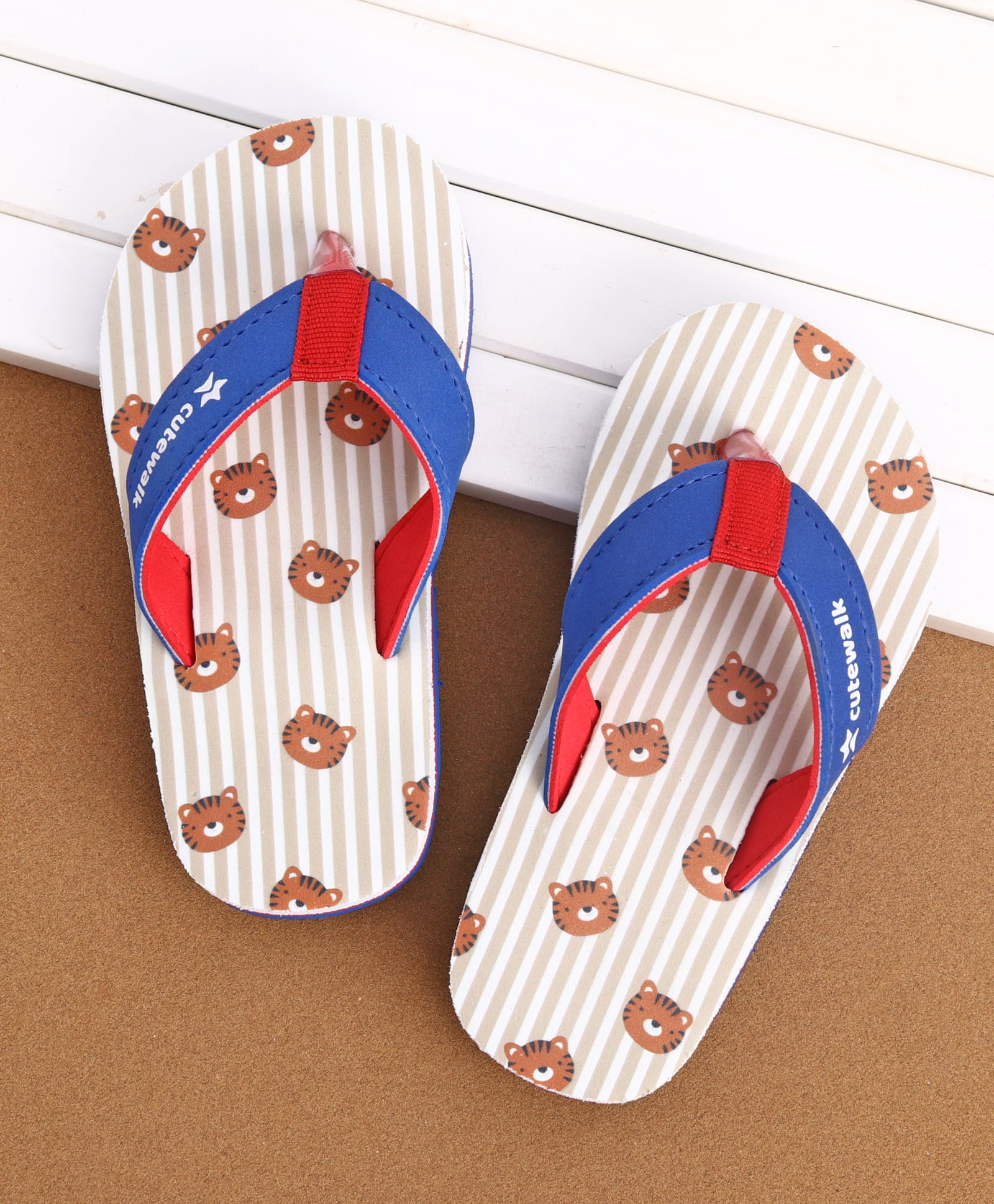 Cute Walk by Babyhug Slip On Striped & Tiger Printed Flip Flops - Blue & Red-picture-10