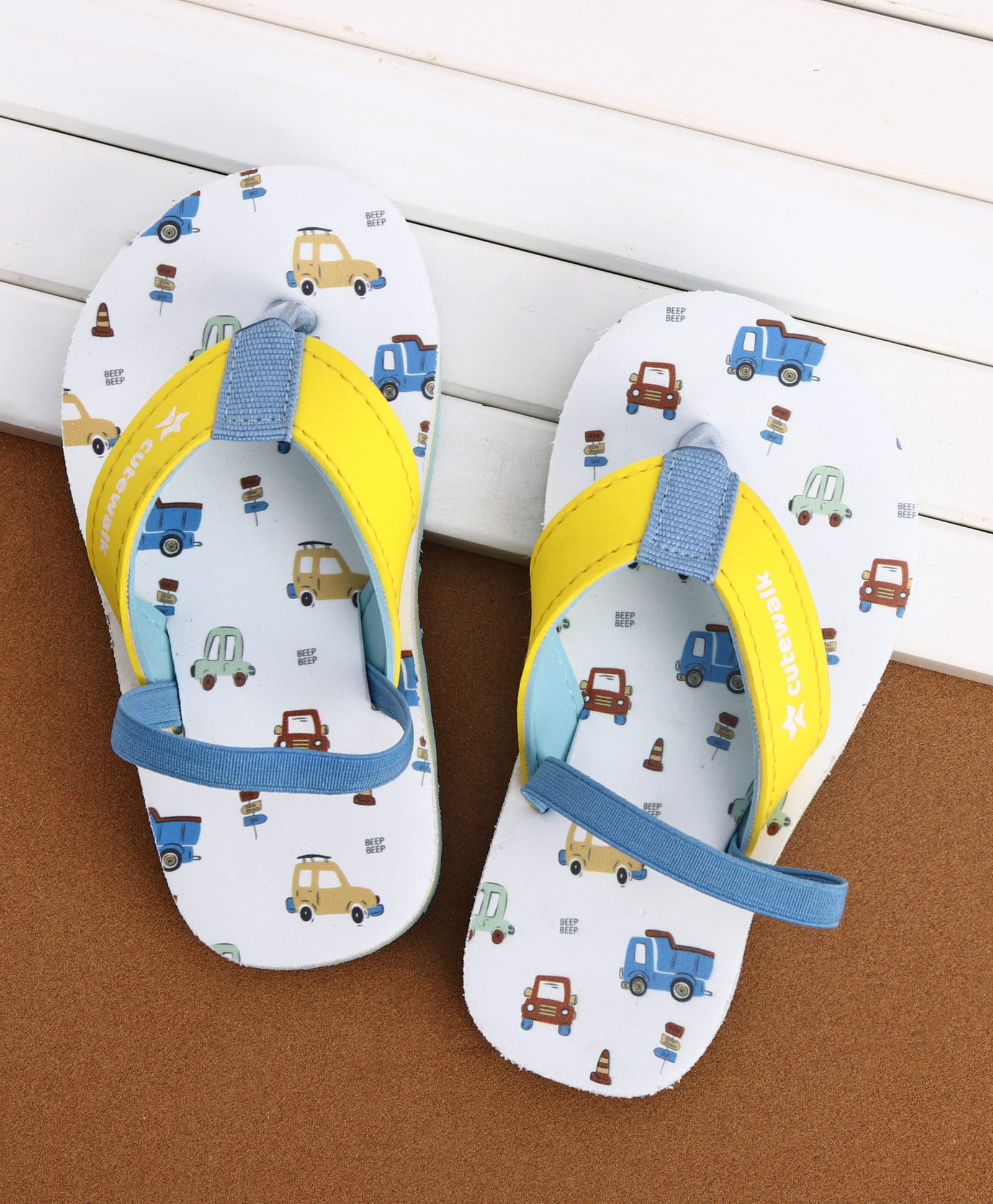 Cute Walk by Babyhug Back Strap Vehicles Printed Flip Flops - Yellow & White-image-5