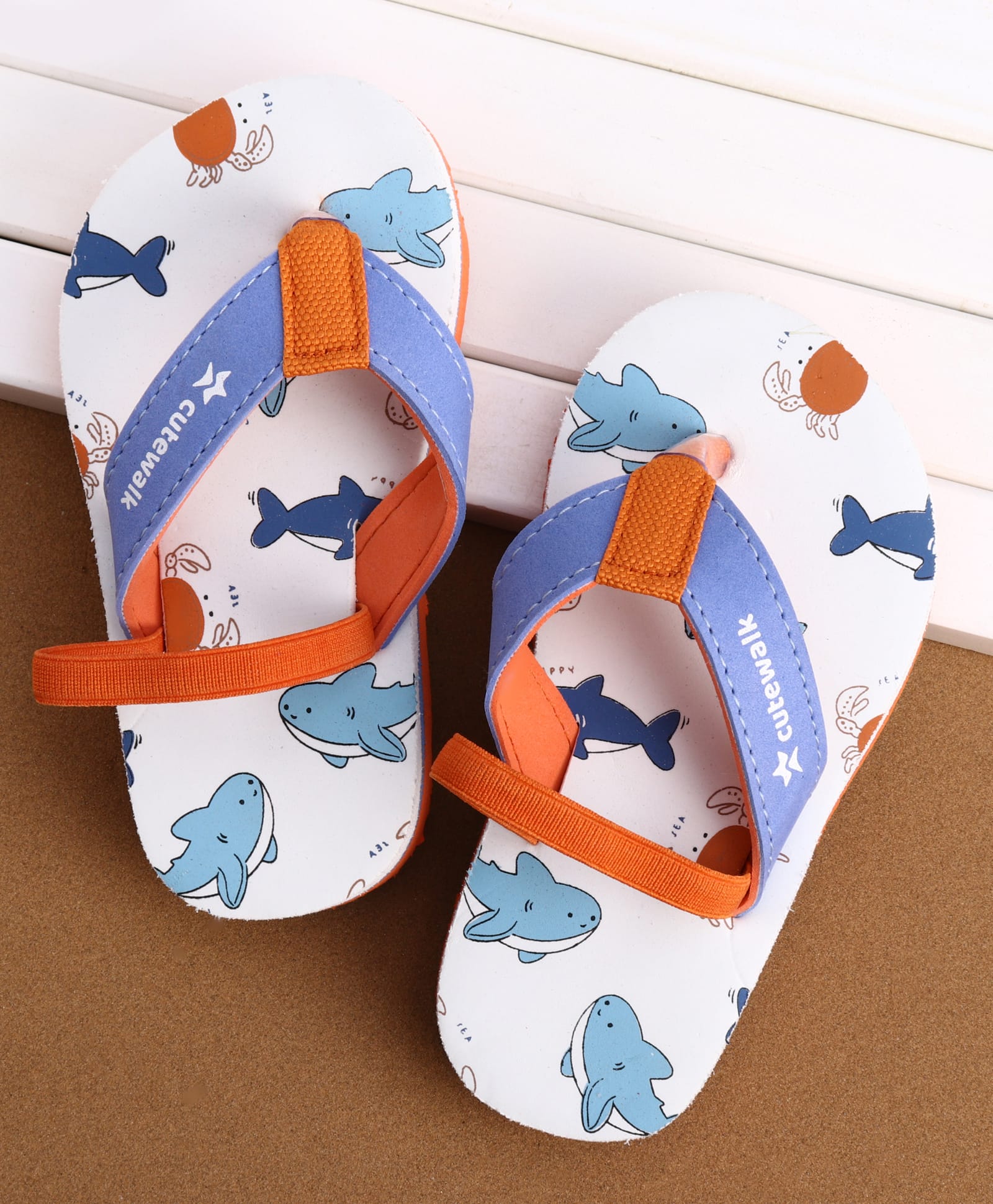 Cute Walk by Babyhug Back Strap Closure Flip Flops with Shark Print - White-image-2