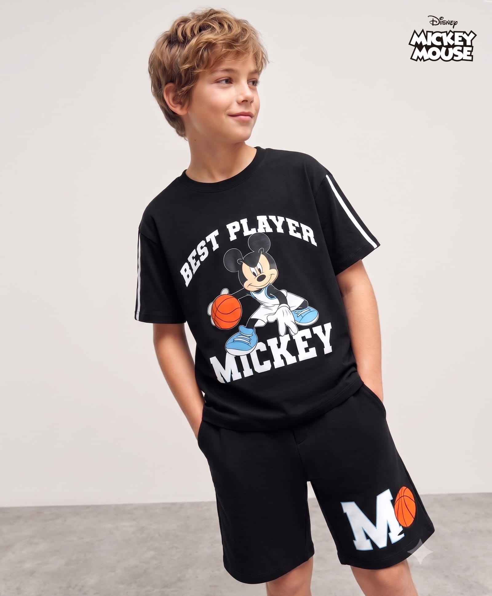 Pine Kids Disney 100% Cotton Knit Half Sleeves T-Shirt & Shorts Set With Mickey Mouse Graphic - Black-picture-12