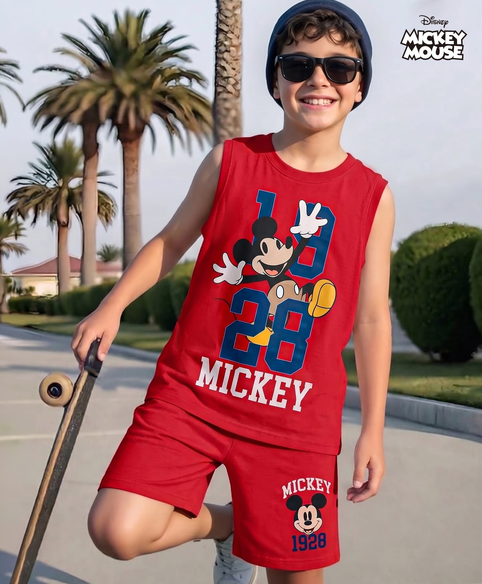 Pine Kids Disney Single Jersey Knit Sleeveless T-Shirt & Shorts Set with Mickey Mouse Graphics - Red-image-16