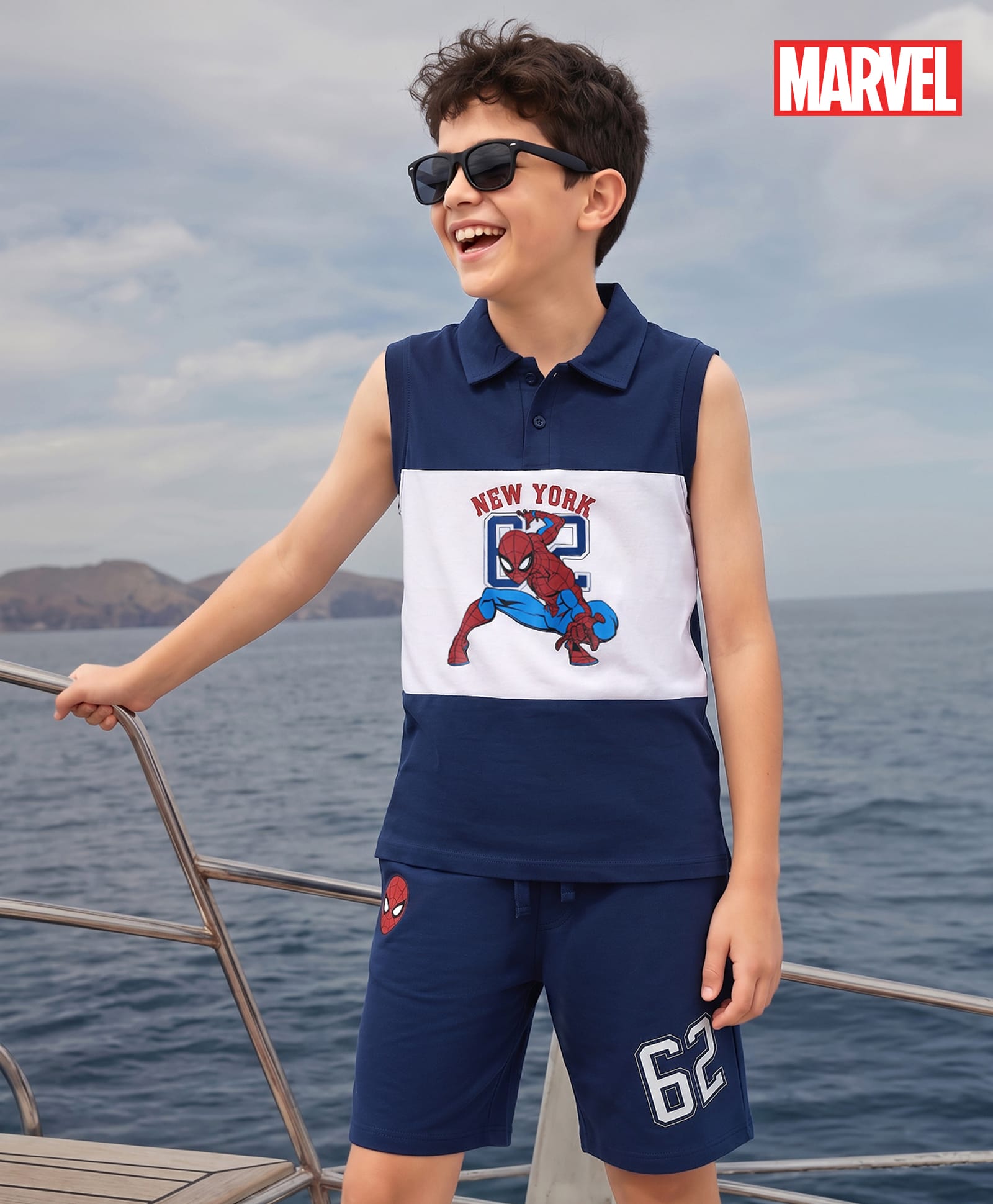 Pine Kids Marvel 100% Cotton Knit Sleeveless Tank Collar Neck T-Shirt & Shorts Set With Spider Man Graphic - Navy Blue & White-picture-12