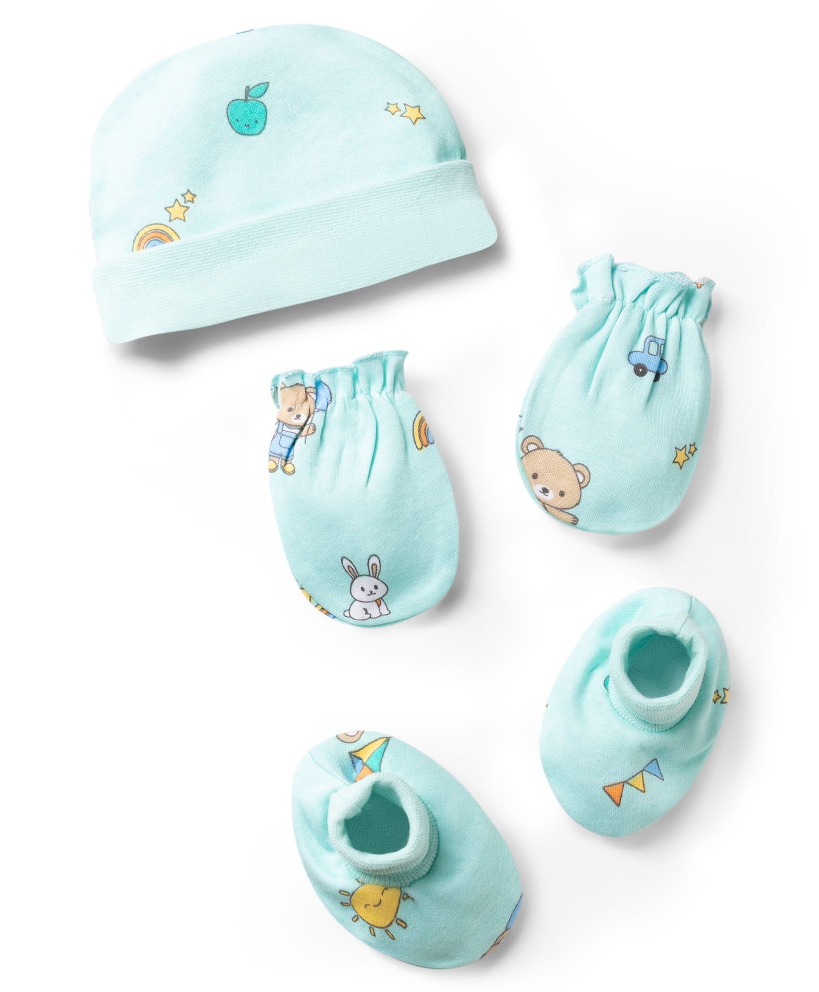 Babyhug 100% Cotton Knit Bear Printed Cap Mittens & Booties Set Multicolor - Diameter 12 cm-picture-15
