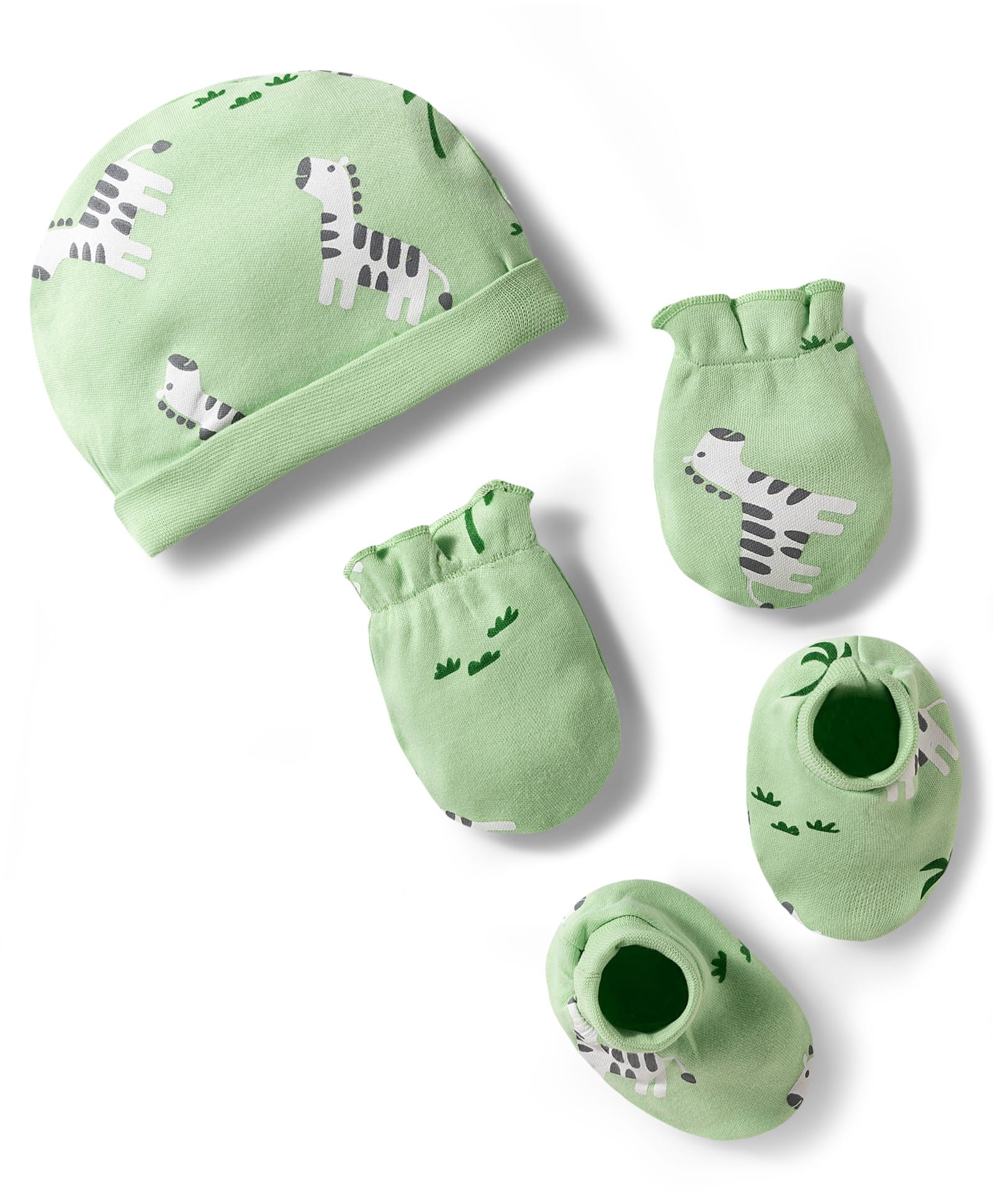 Babyhug 100% Cotton Knit Zebra Printed Cap Mittens & Booties Set Light Green - Diameter 16 cm-picture-24