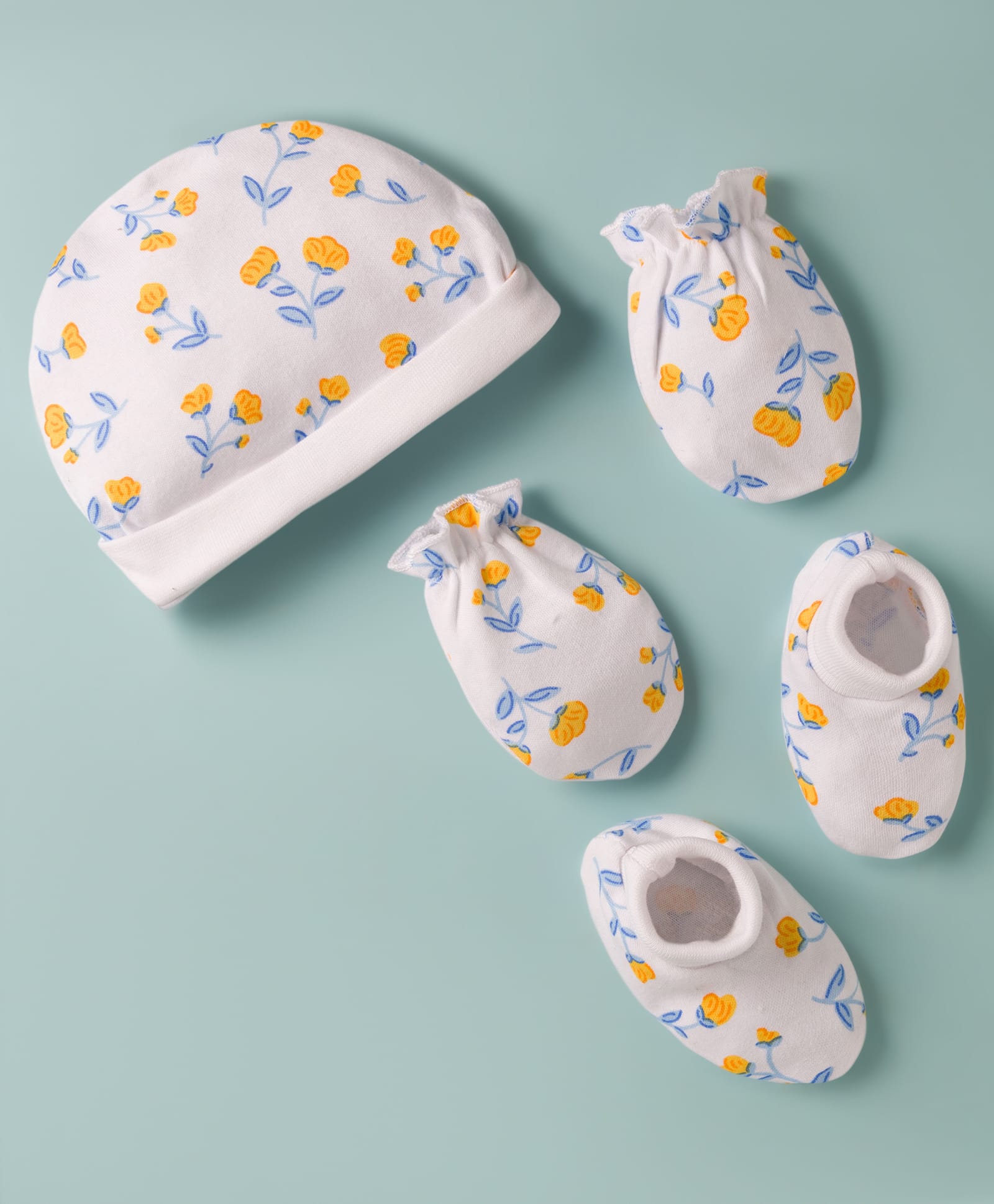 Babyhug 100% Cotton Knit Floral Printed Cap Mittens & Booties Set White - Diameter 16 cm-image-49