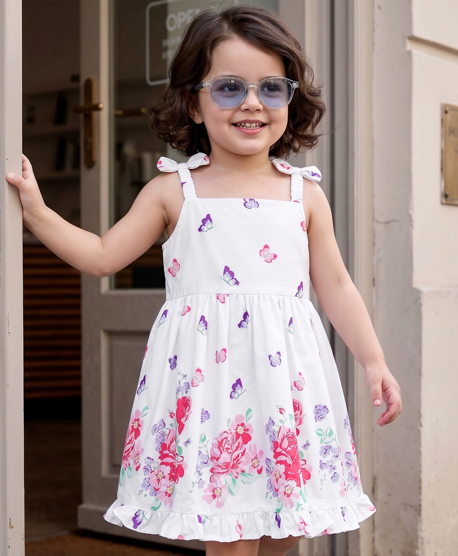 Babyhug Cotton Woven One Piece Dresses/Frocks with Butterfly & Floral Print, Shoulder Straps White 5-6 Years-picture-16