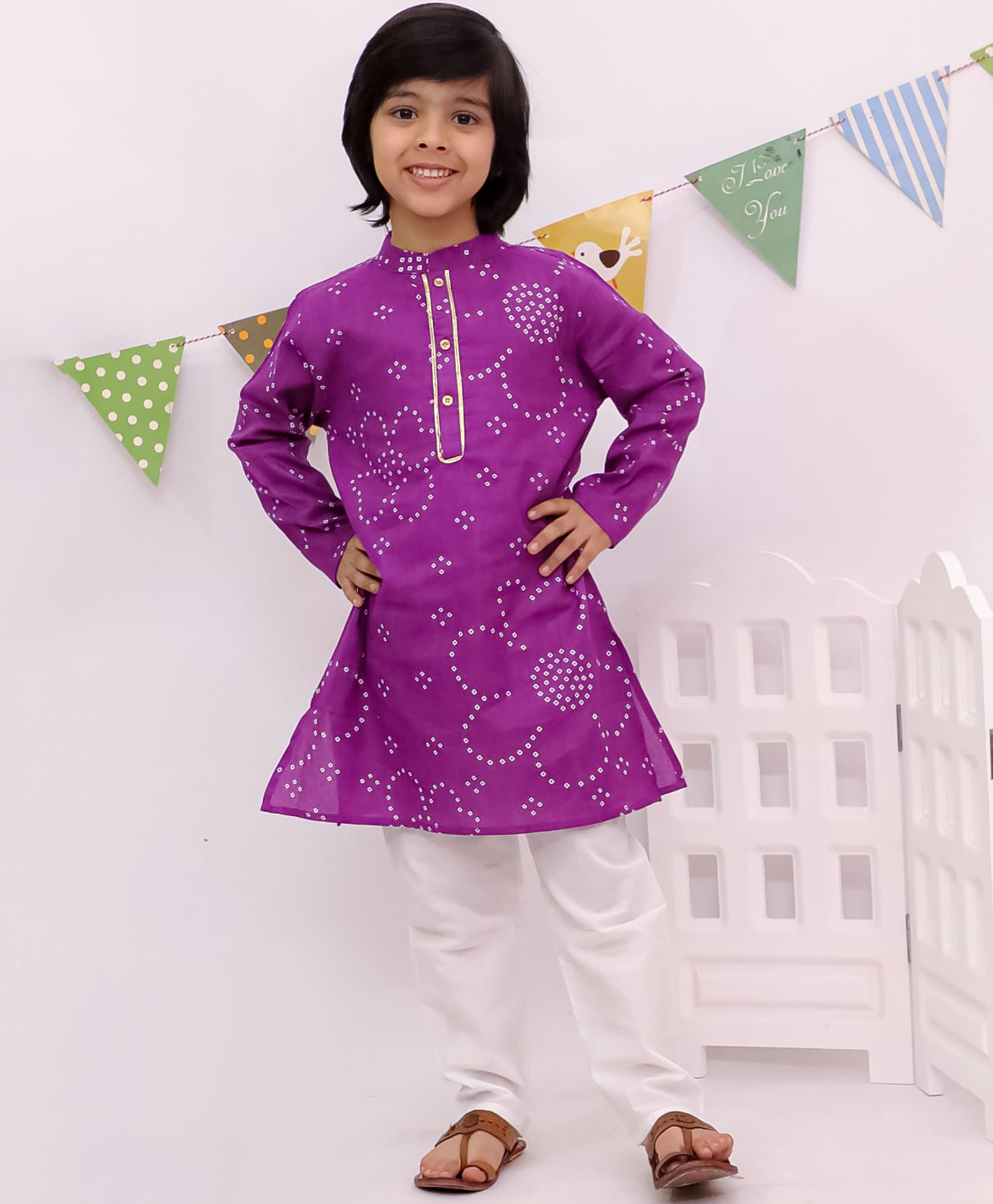 KID1 Cotton Woven Full Sleeves Floral Bandhani Printed Kurta Pyjama Set - Purple-picture-38