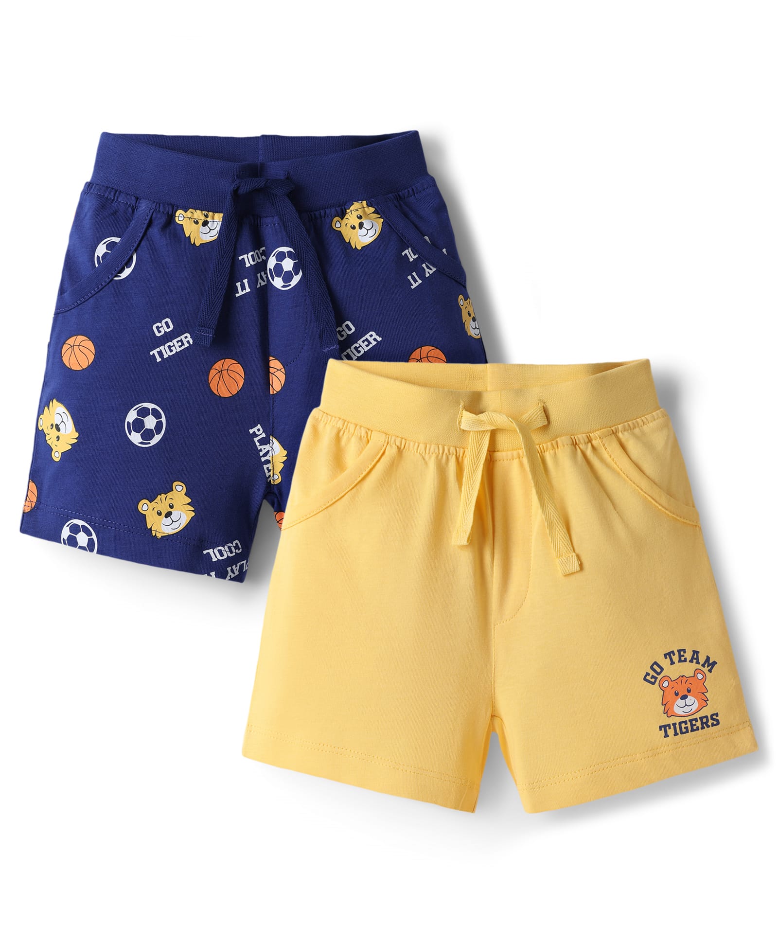 Doodle Poodle 100% Cotton Knit Knee Length Sports Theme & Animal Printed Shorts Pack Of 2 - Navy Blue & Yellow-picture-10