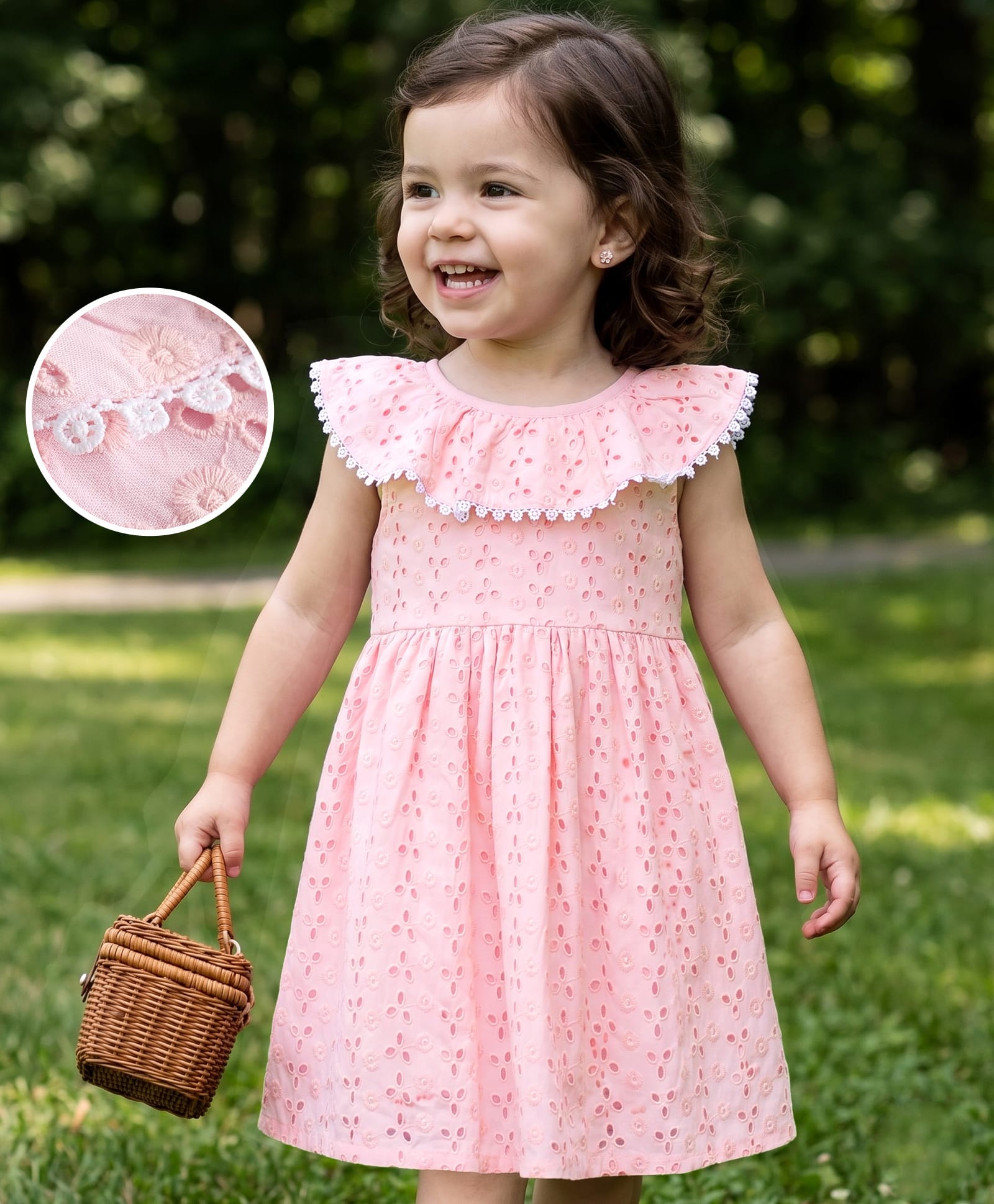 Babyhug Schiffili Woven Sleeveless Flared One Peice Frock With Floral Detailing & Embroidery - Pink-picture-10