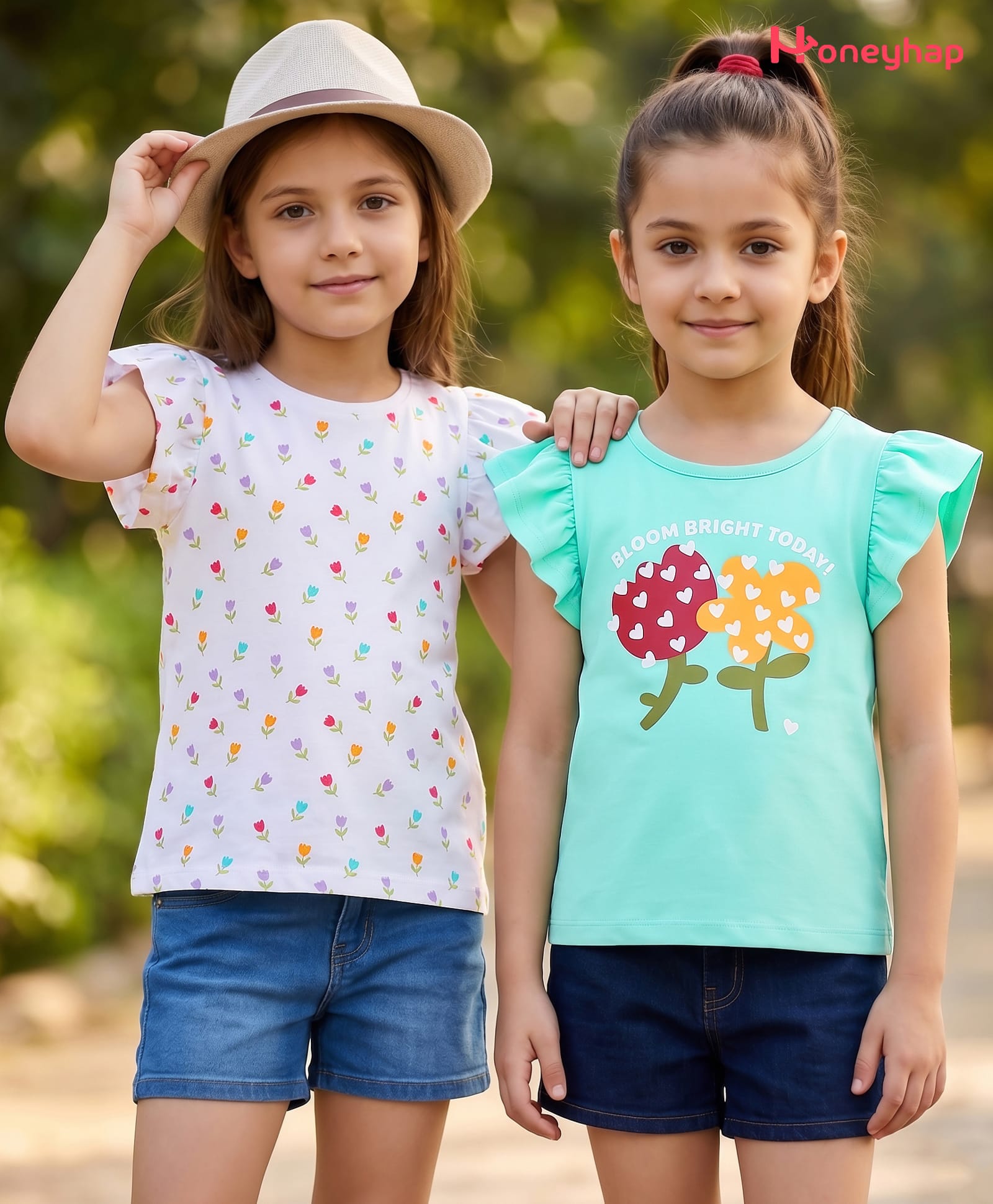 Honeyhap Premium 100% Cotton Knit with Bio Finish Half Sleeves Tops with Floral Print Pack of 2 - Bright White & Beach Glass-picture-36