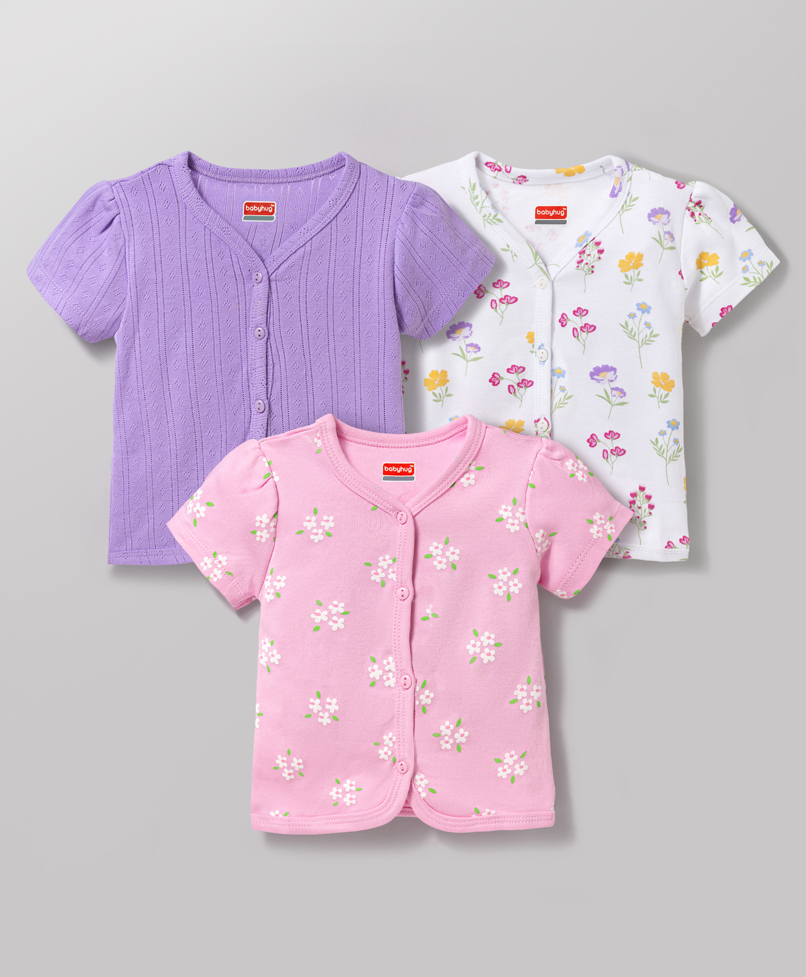 Babyhug 100% Cotton Knit Half Sleeves Jhablas with Floral Print Pack of 3 - Multicolor-picture-28