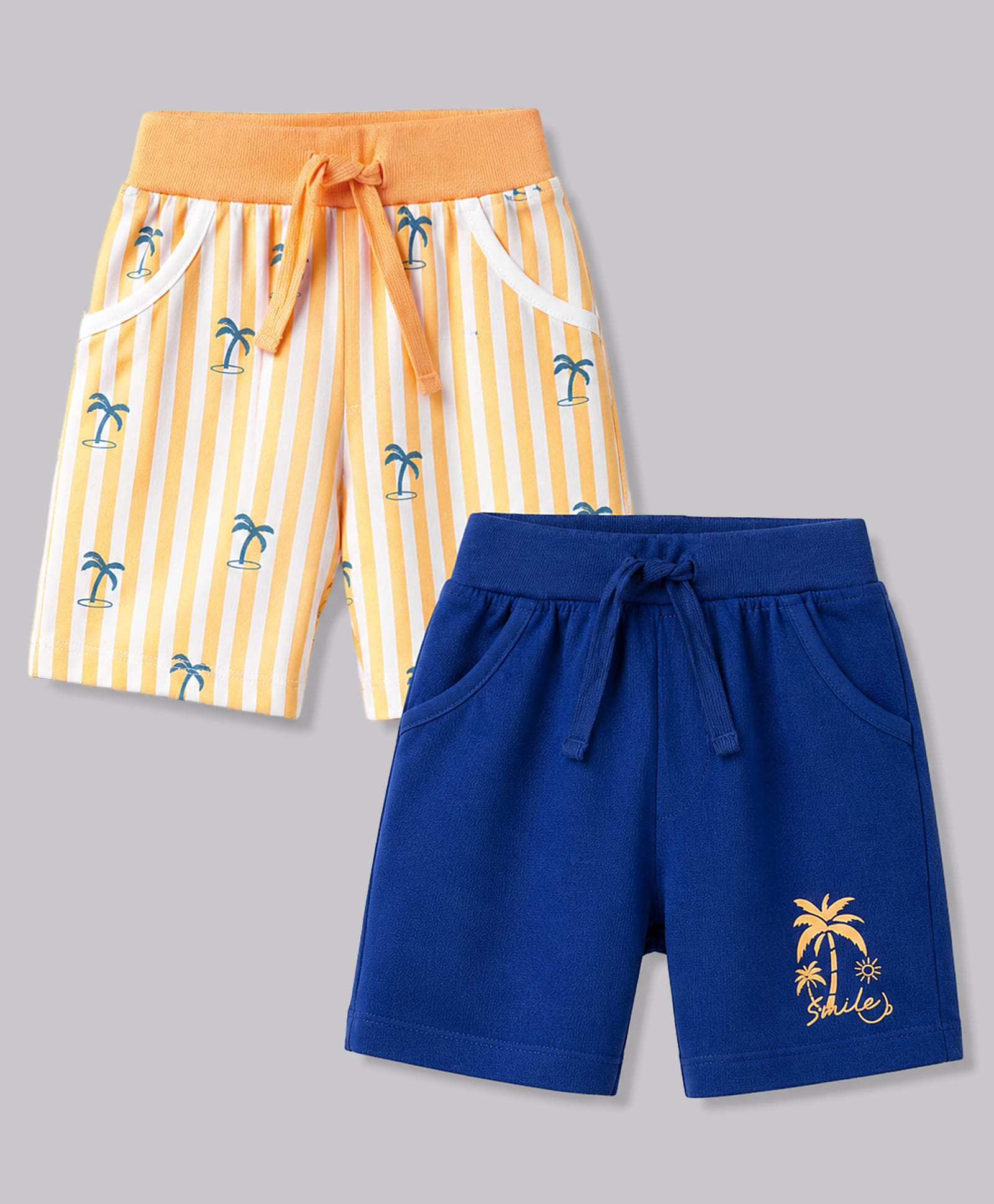 Doodle Poodle 100% Cotton Knit Knee Length Beach Theme Printed Striped Shorts Pack Of 2 - Navy Blue & Orange-picture-10