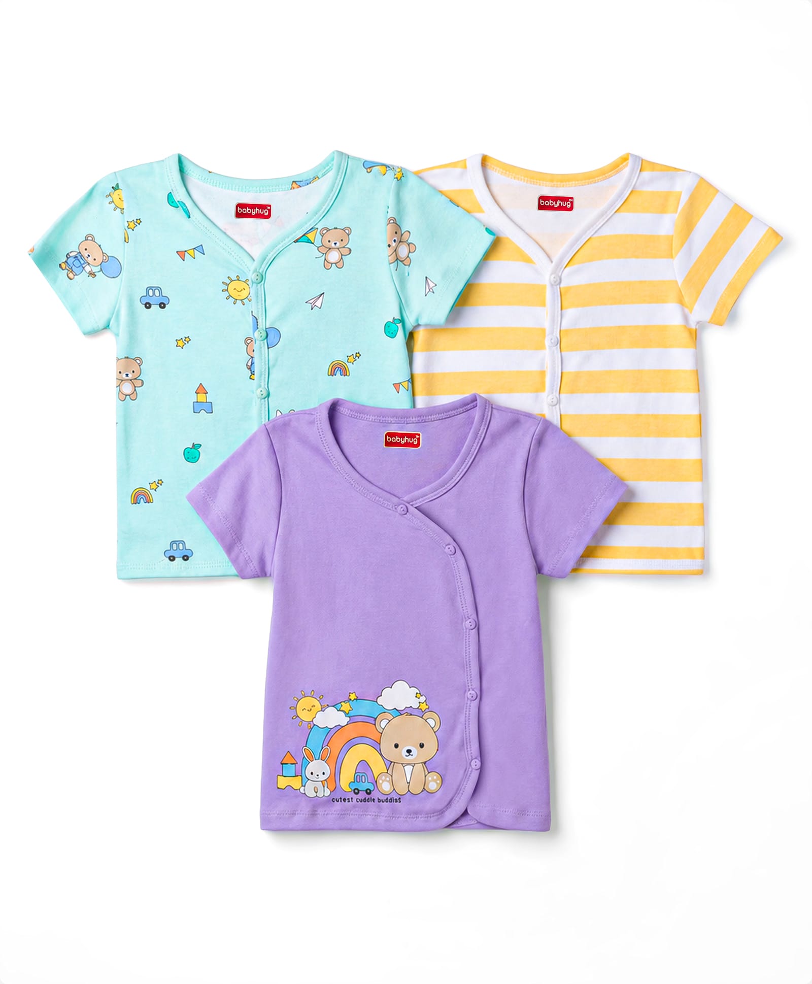 Babyhug 100% Cotton Interlock Knit Half Sleeves Antibacterial Jhablas With Bear Print Pack of 3 - Multicolor-picture-12
