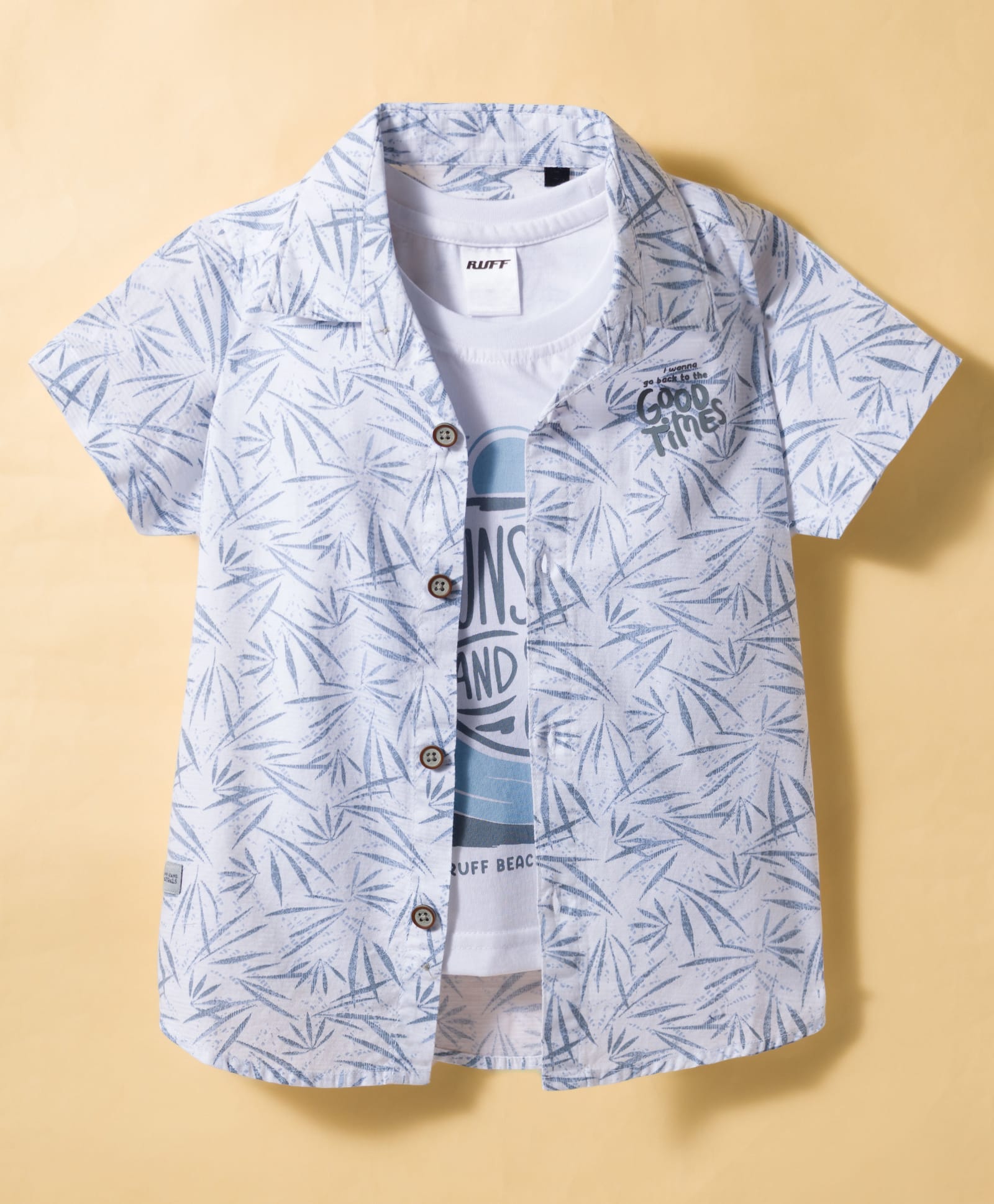 Ruff Cotton Woven Half Sleeves Leaf Printed Shirt With Inner Tee - Blue & White-image-21
