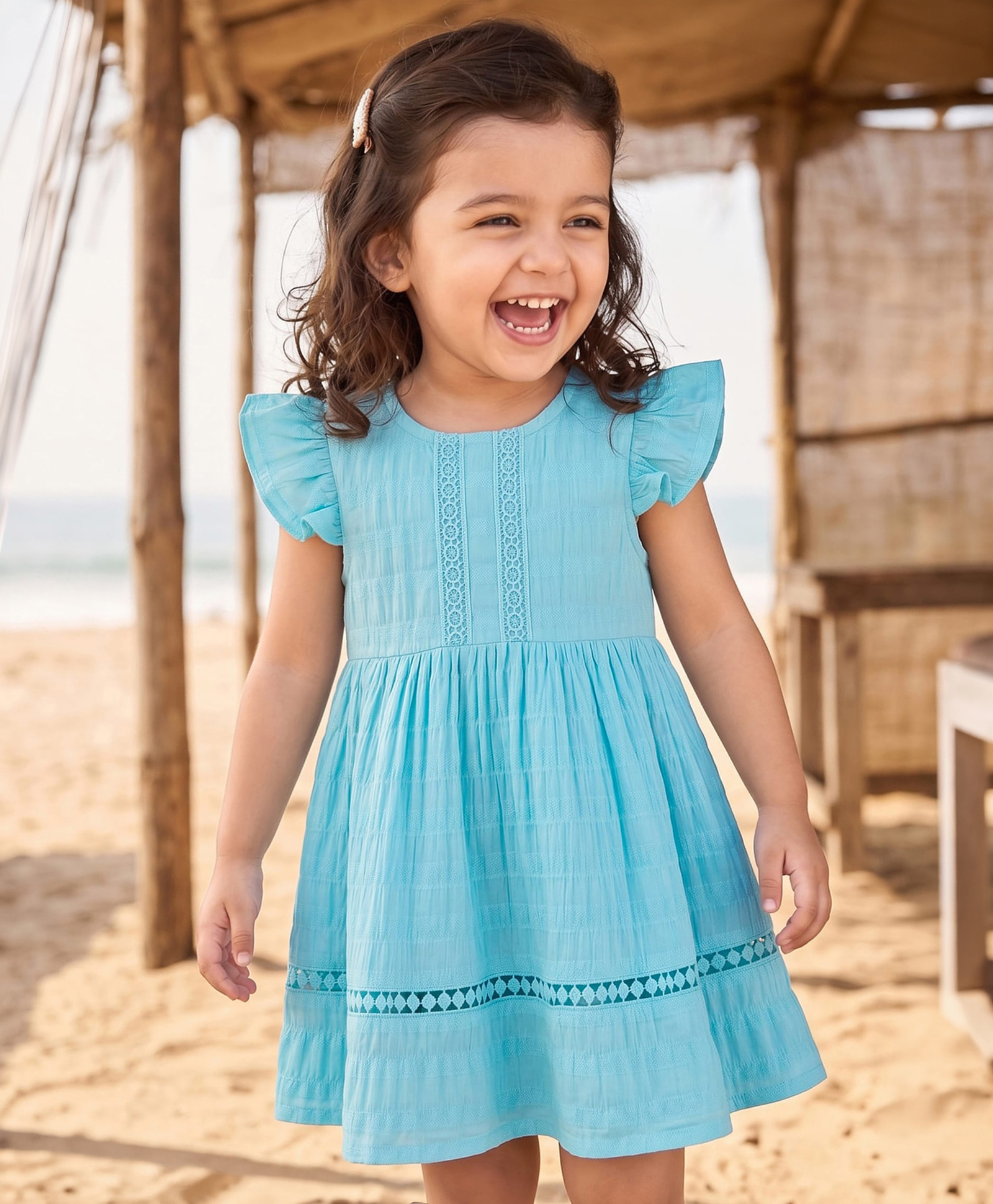 Babyhug Cotton Woven Frill Sleeves Solid Textured Frock With Lace Detailing - Light Blue-image-37