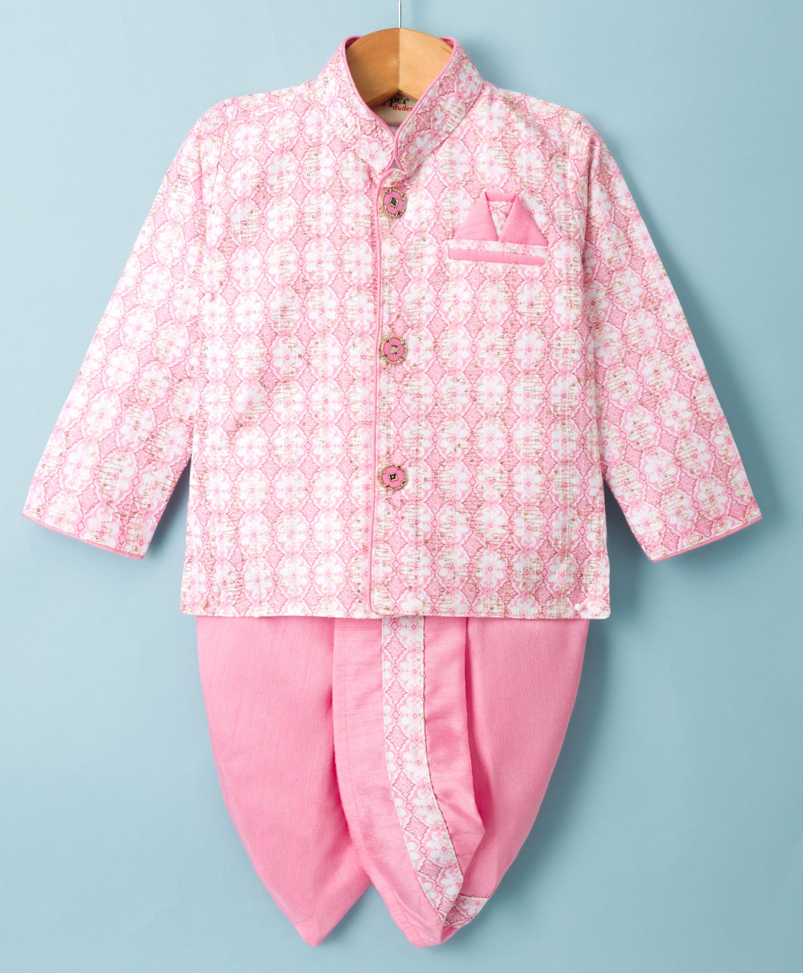 Dapper Dudes Cotton Silk Woven Full Sleeves Ethnic Printed Kurta With Co-Ordinating Dhoti Set - Pink-image-48
