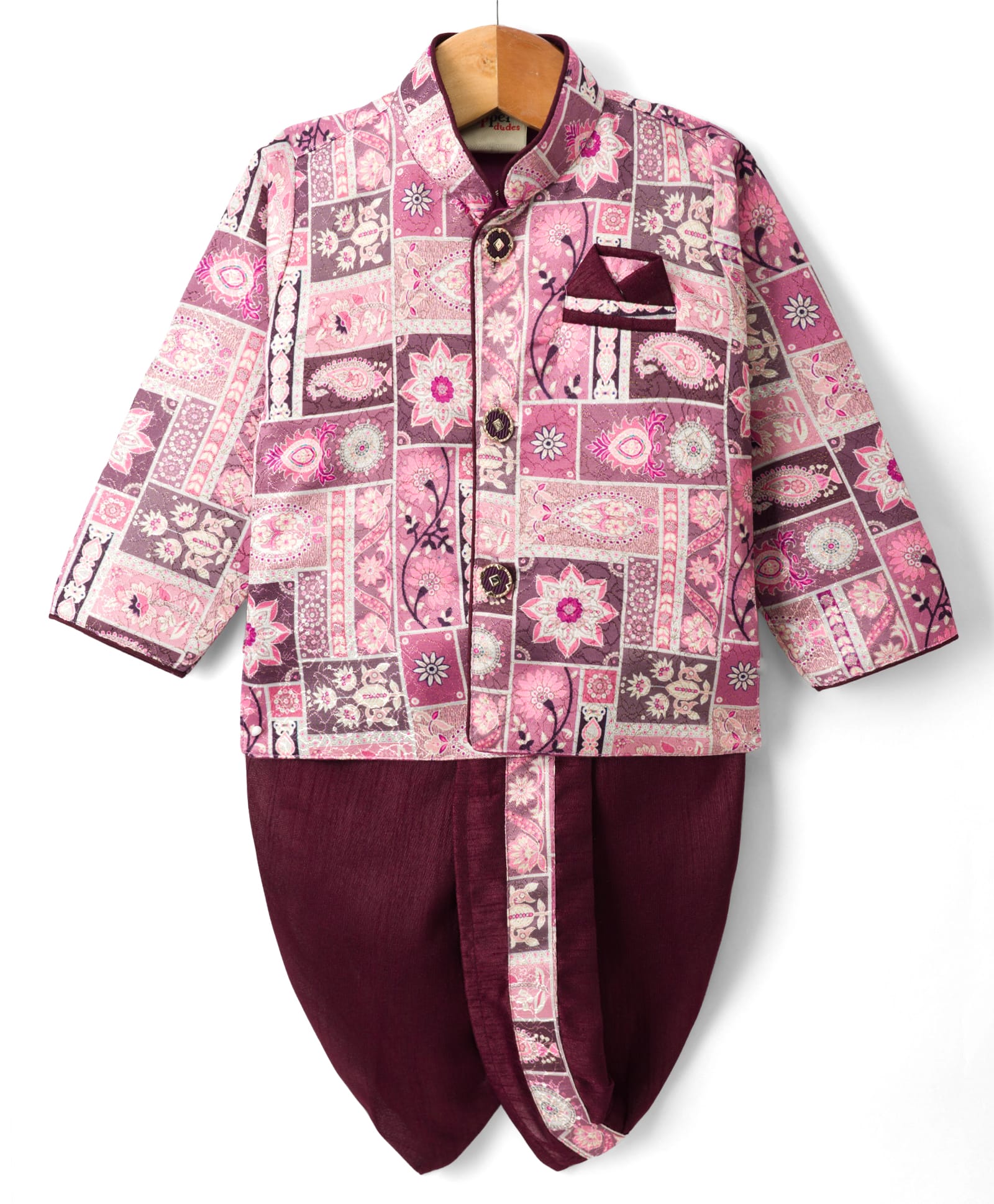 Dapper Dudes Cotton Silk Woven Full Sleeves Ethnic Printed Kurta With Co-Ordinating Dhoti Set - Wine-image-46