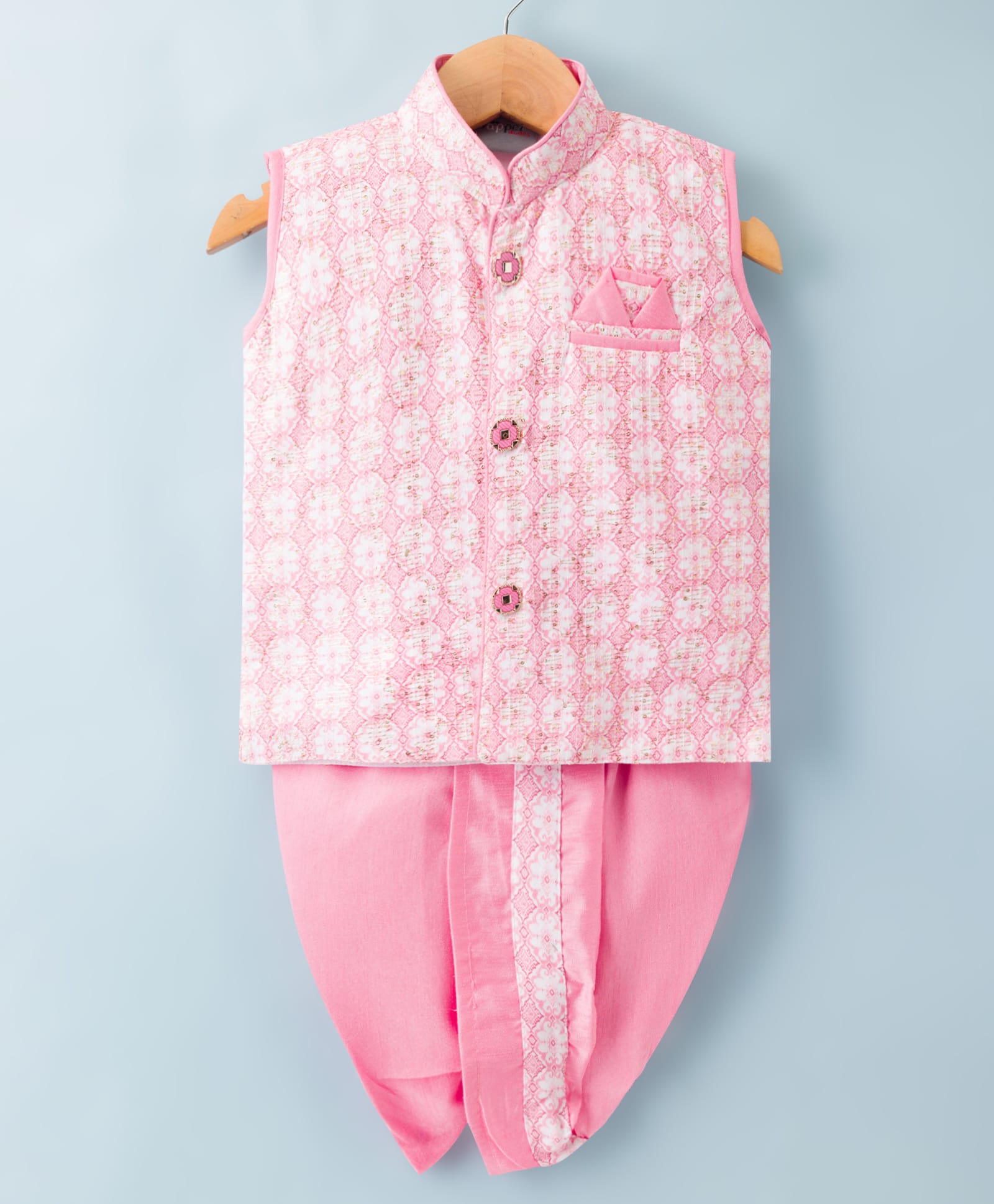 Dapper Dudes Cotton Silk Woven Sleeveless Kurta & Dhoti Set with Floral Print - Pink-picture-13