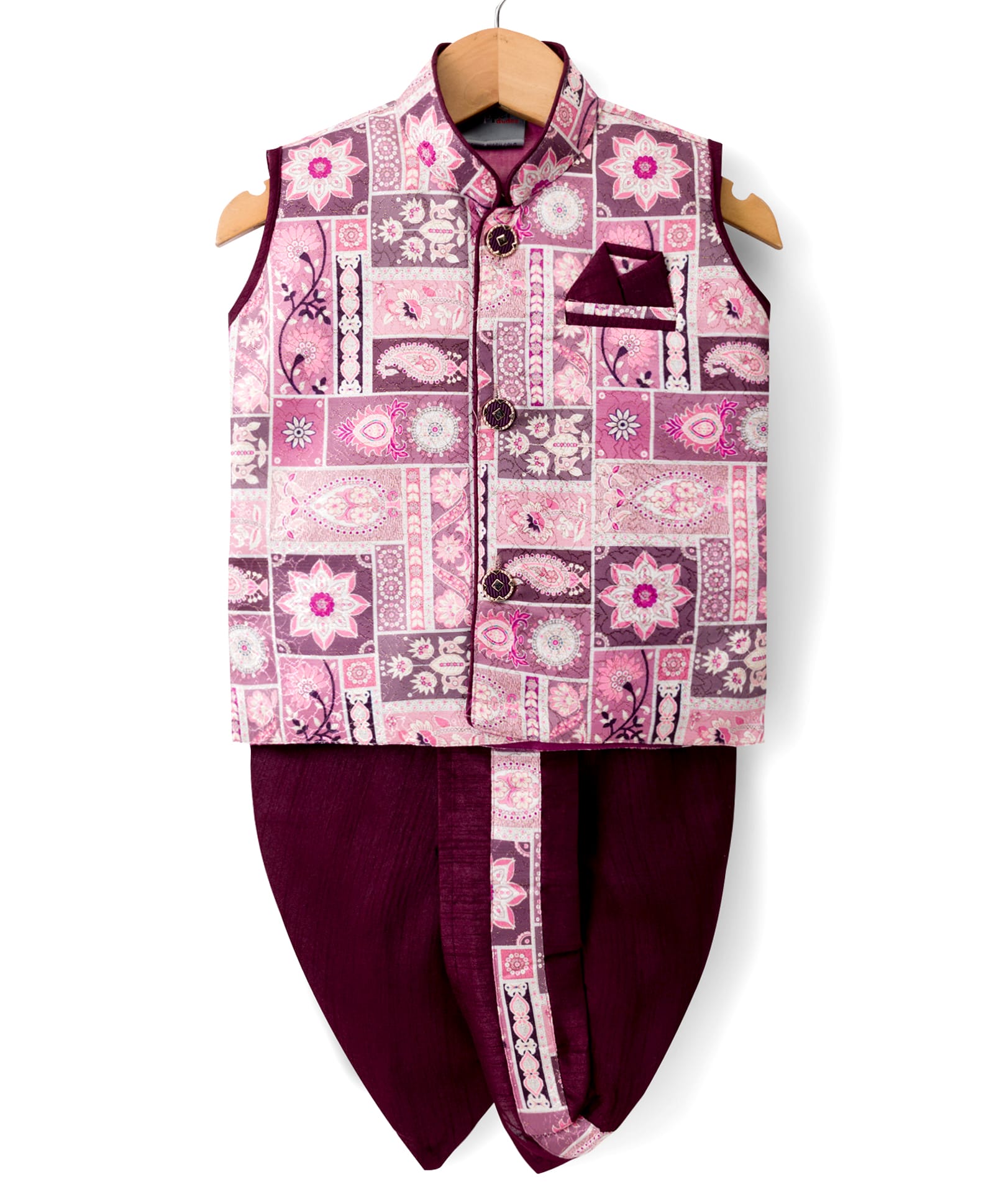 Dapper Dudes Cotton Silk Woven Sleeveless Ethnic Printed Kurta With Co-Ordinating Dhoti Set - Wine-picture-15