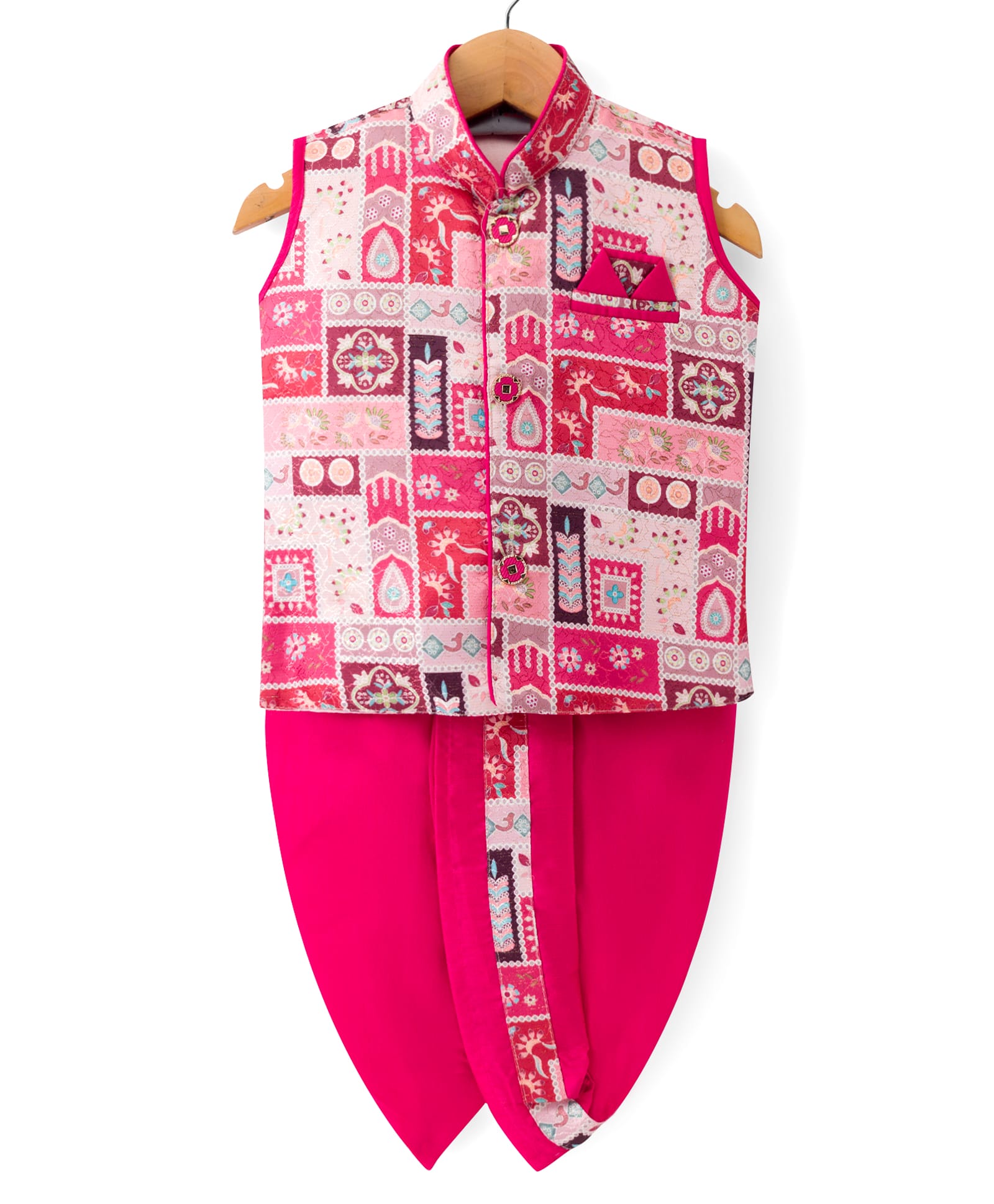 Dapper Dudes Cotton Silk Woven Sleeveless Ethnic Printed Kurta With Co-Ordinating Dhoti Set - Pink-image-46