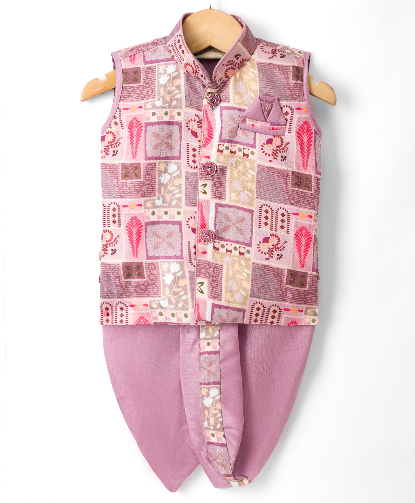 Dapper Dudes Cotton Slik Woven Sleeveless Ethnic Printed Kurta With Co-Ordinating Dhoti Set - Lavender-image-22