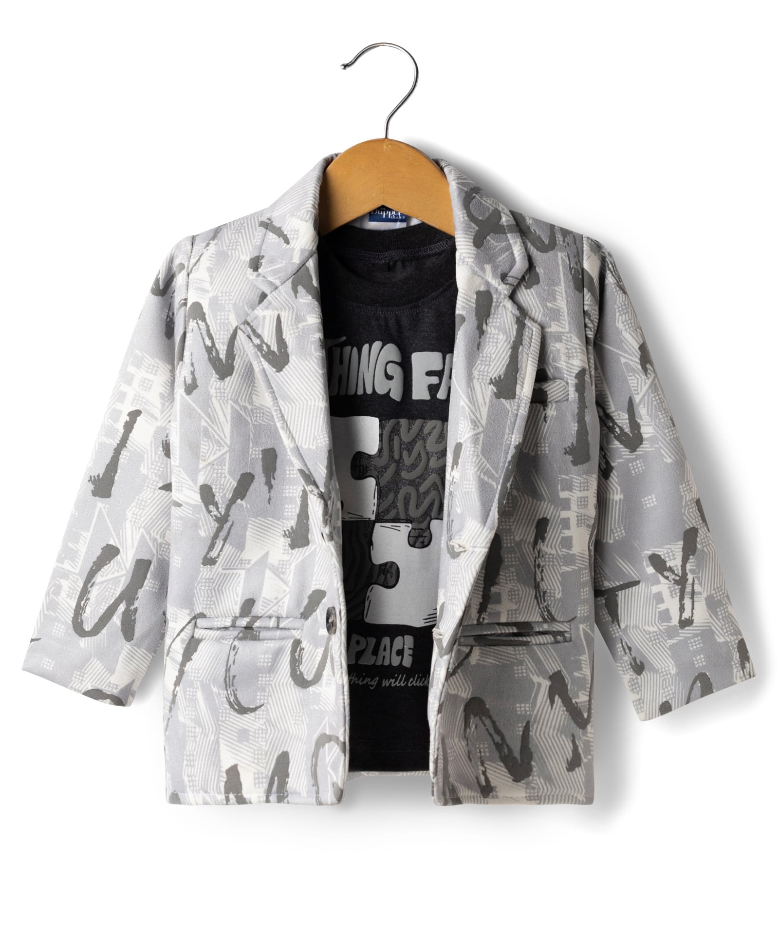 Dapper Dudes Woven Full Sleeves Alphabets Printed Blazer With Tee - Grey-picture-27