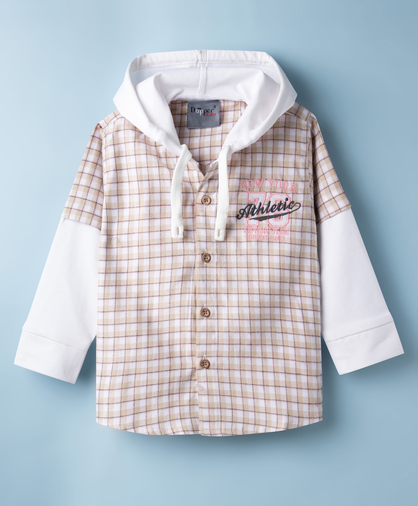 Dapper Dudes Cotton Woven Shirt Full Sleeves Checks Hooded Cream 4-5 Years-image-29