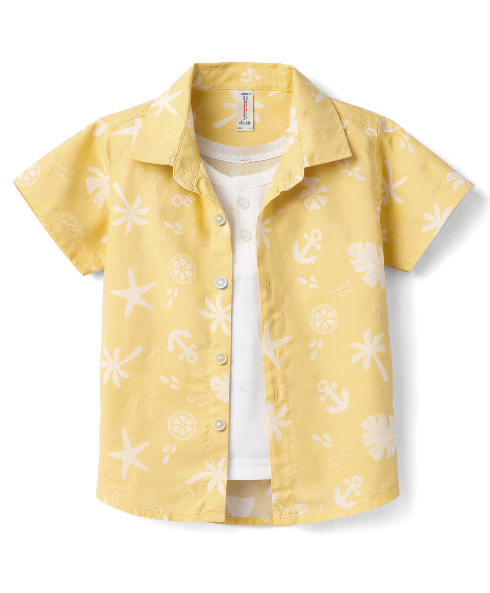 Dapper Dudes Cotton Woven Half Sleeves Resort Collar Palm Tree Printed Shirt Mustard 12-24 Months-image-16