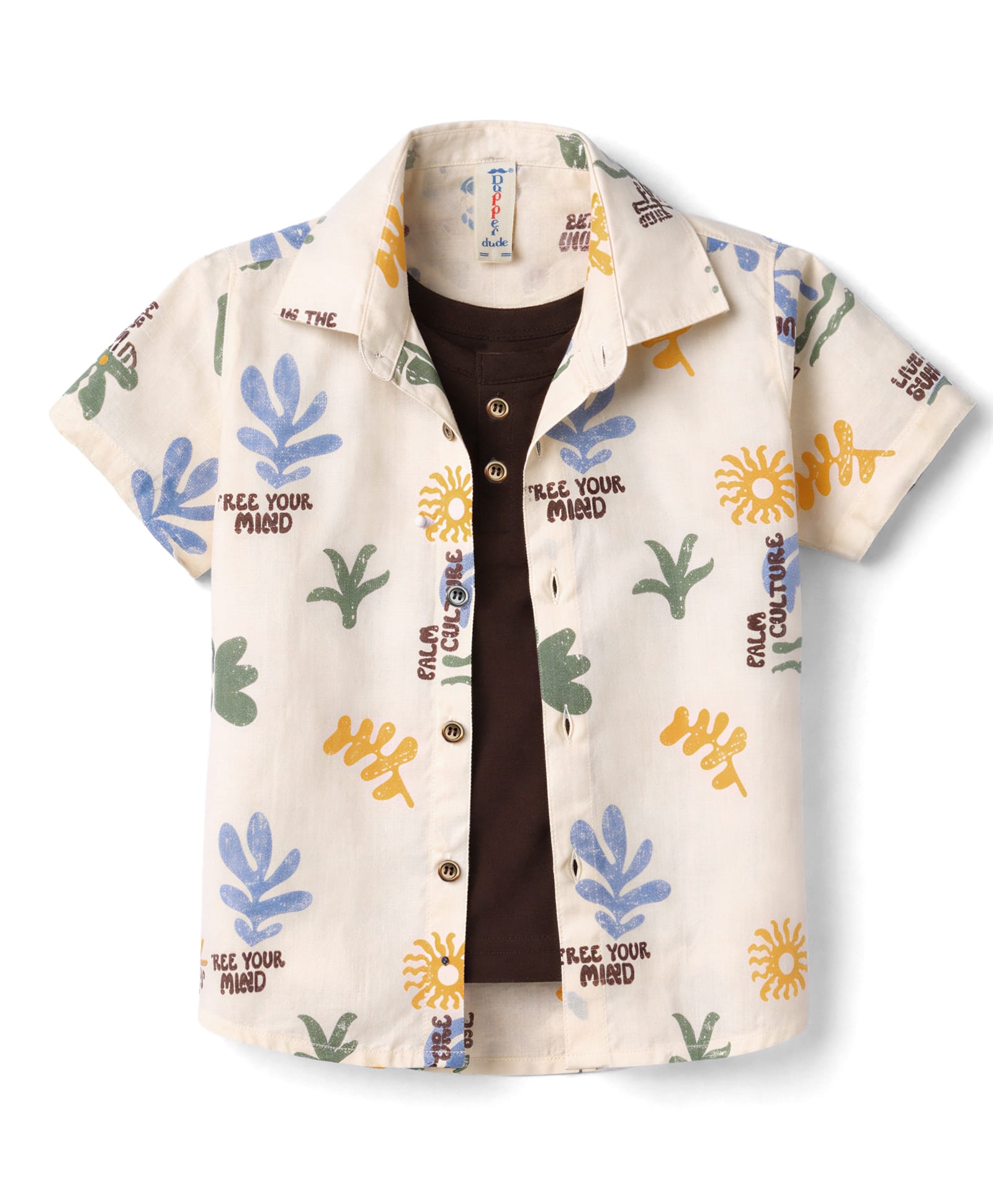 Dapper Dudes Cotton Woven Shirt Half Sleeves Beach Theme Printed with Attached Tee Blue 2-3 Years-image-48